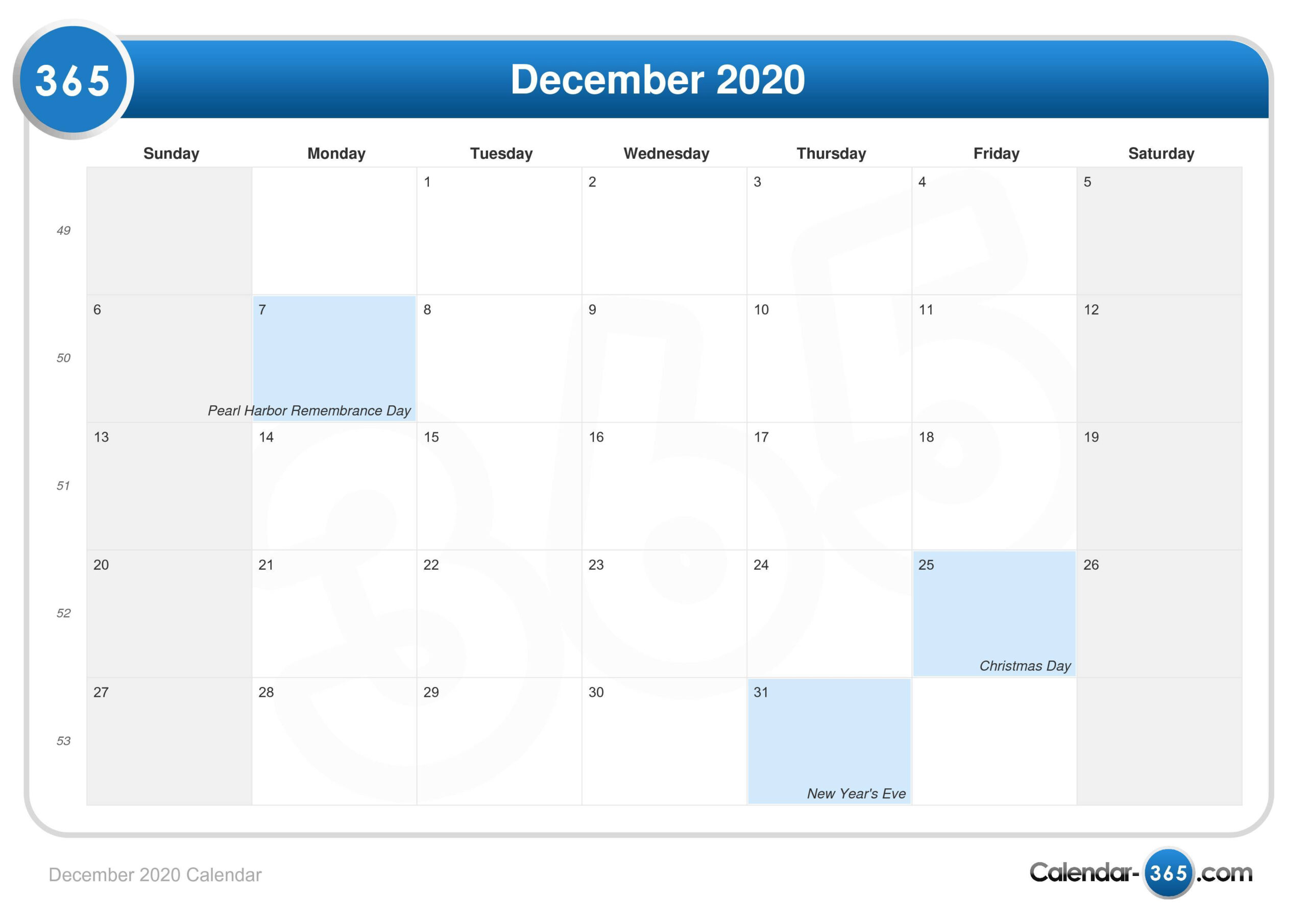 December 2020 Calendar