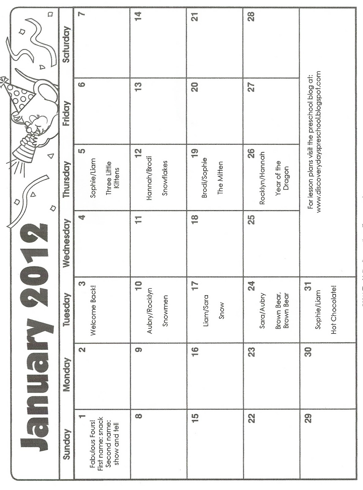 Discovery Days Preschool: January Calendar And Lesson Plans