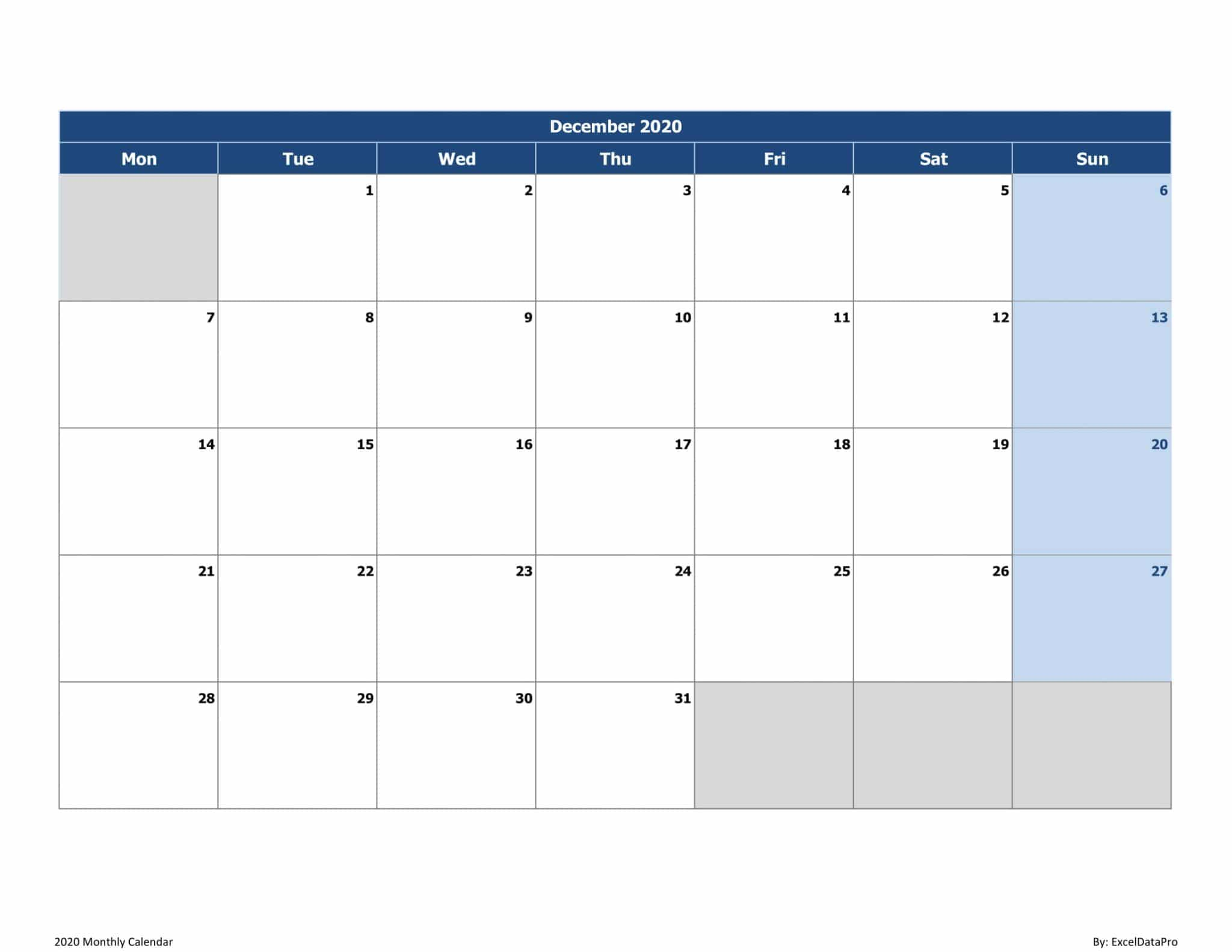 2020 Monthly Calendar Excel Printable Free 3524