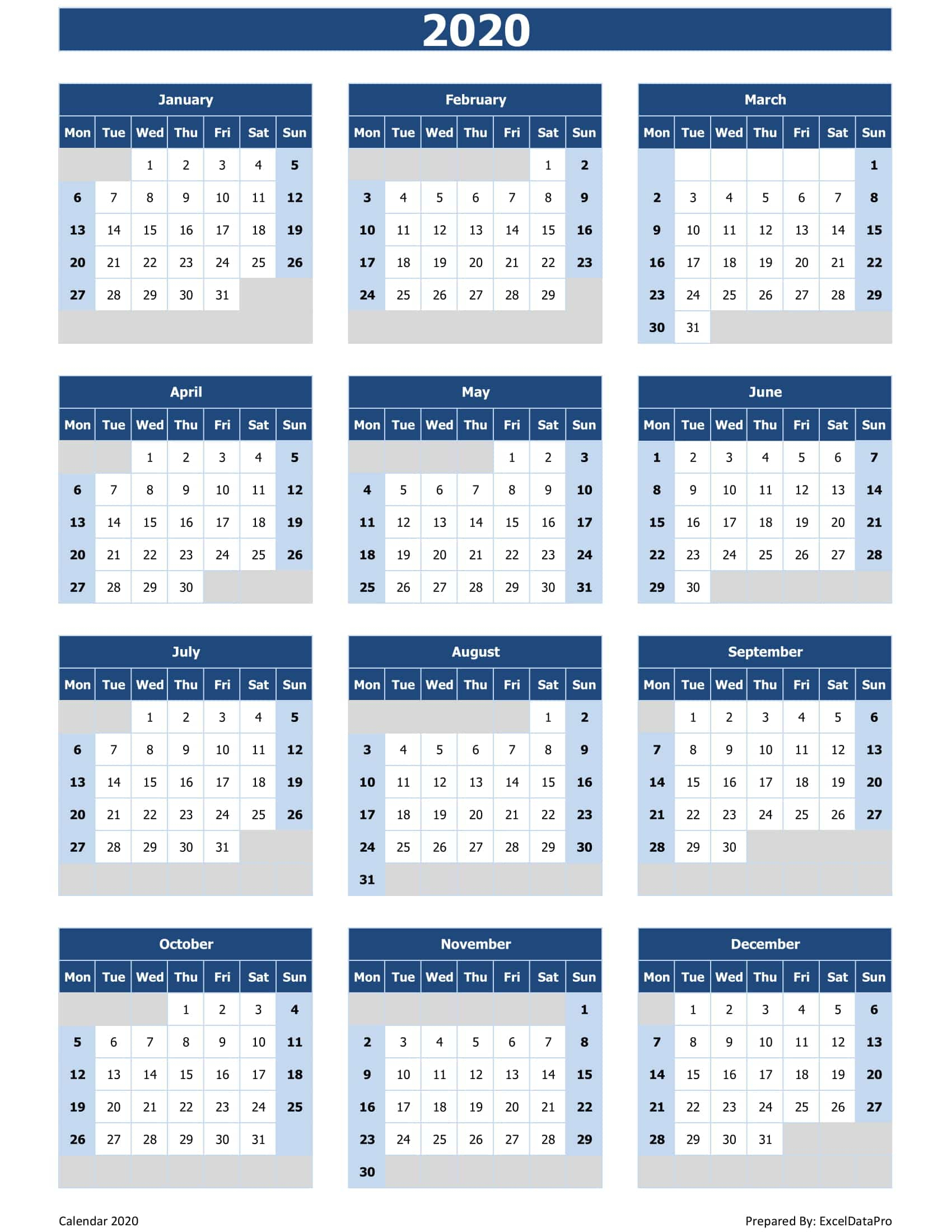 Download 2020 Yearly Calendar (Mon Start) Excel Template