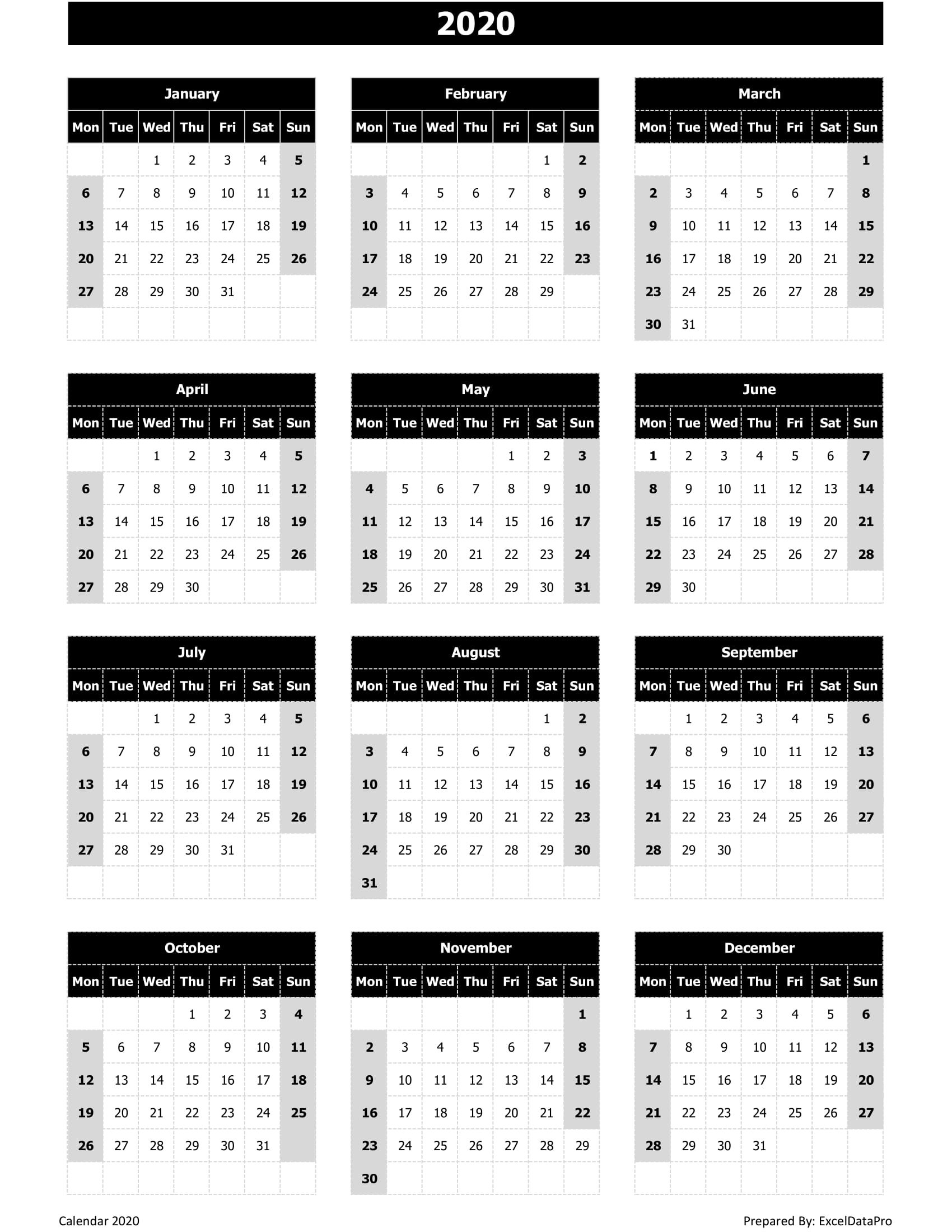 Year Calendar To Print 2020