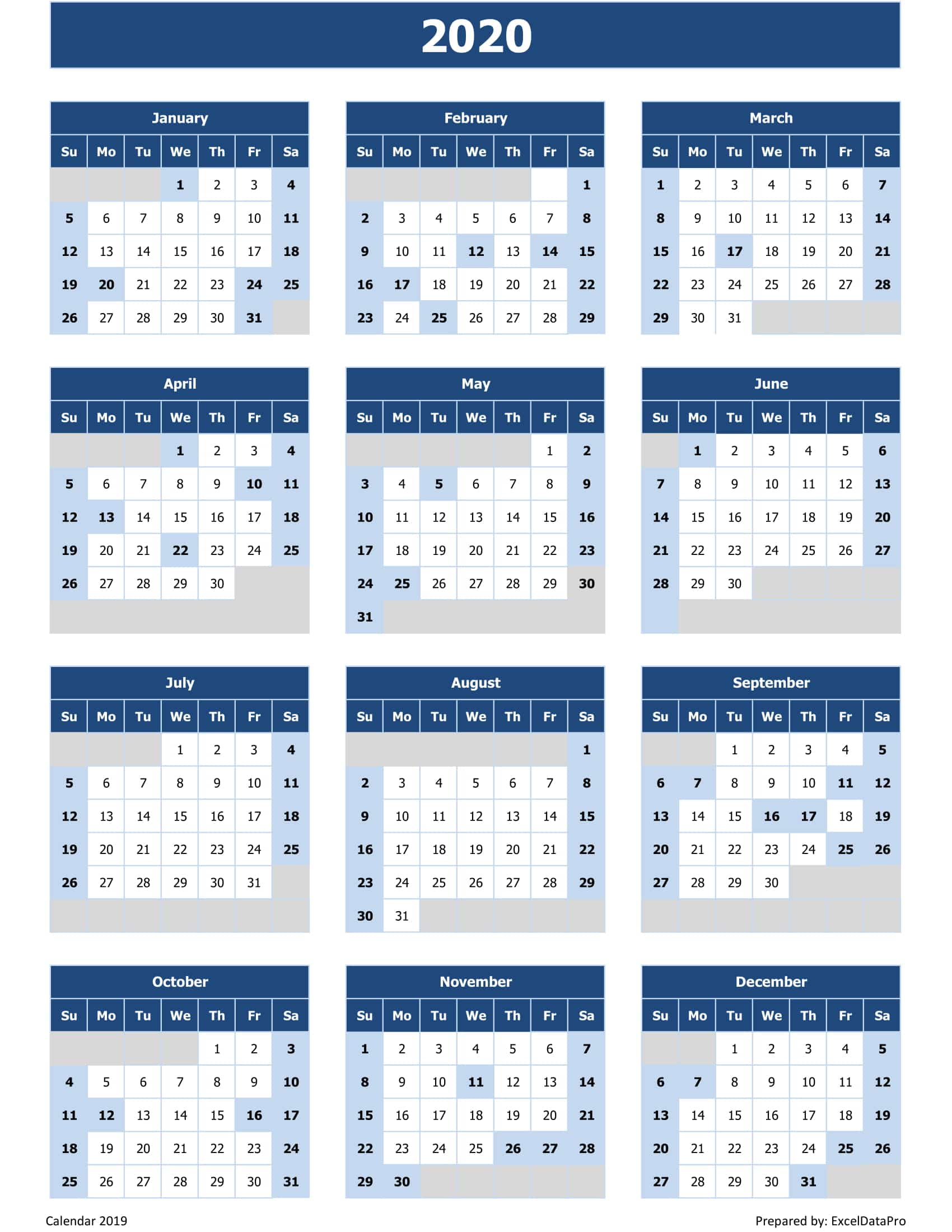 Download 2020 Yearly Calendar (Sun Start) Excel Template