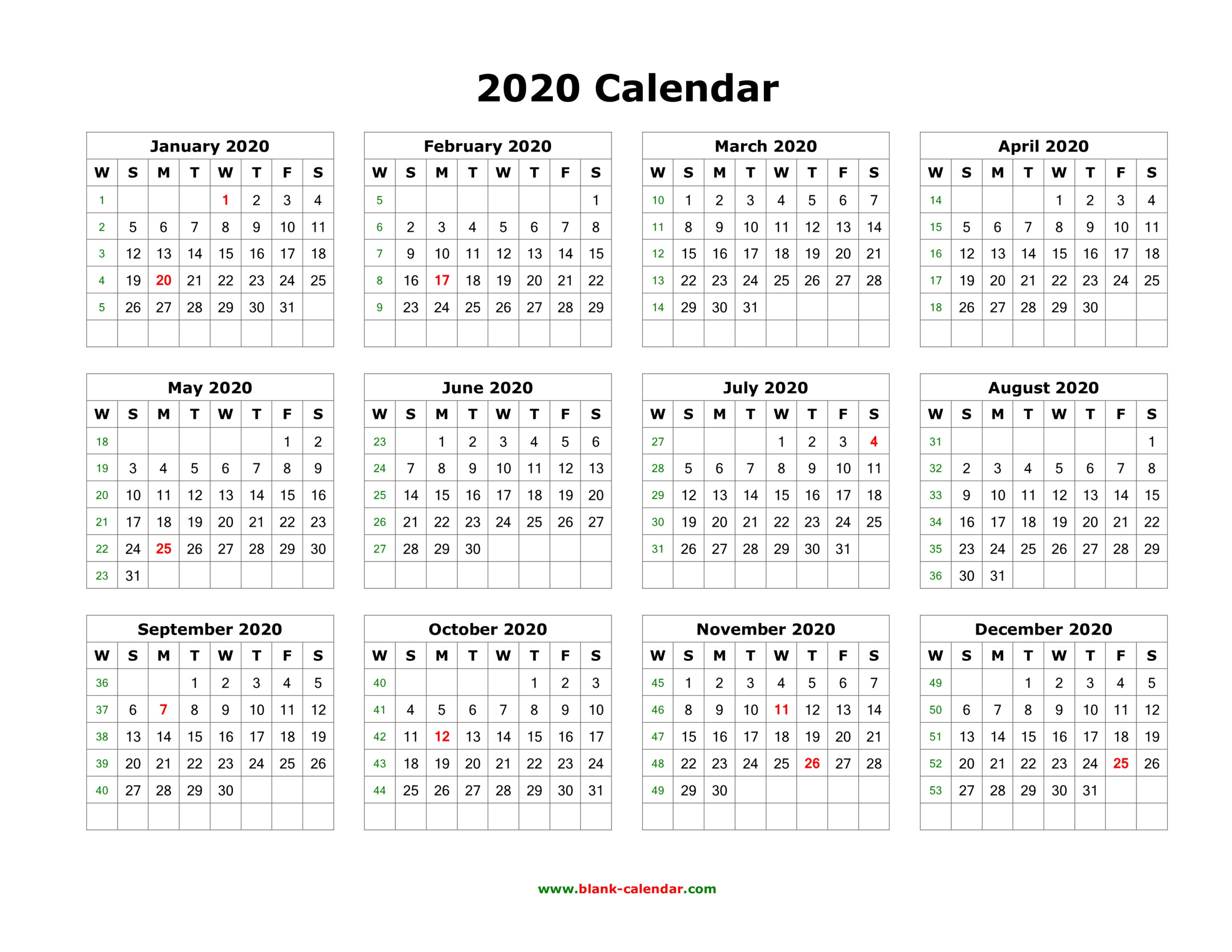 Download Blank Calendar 2020 (12 Months On One Page