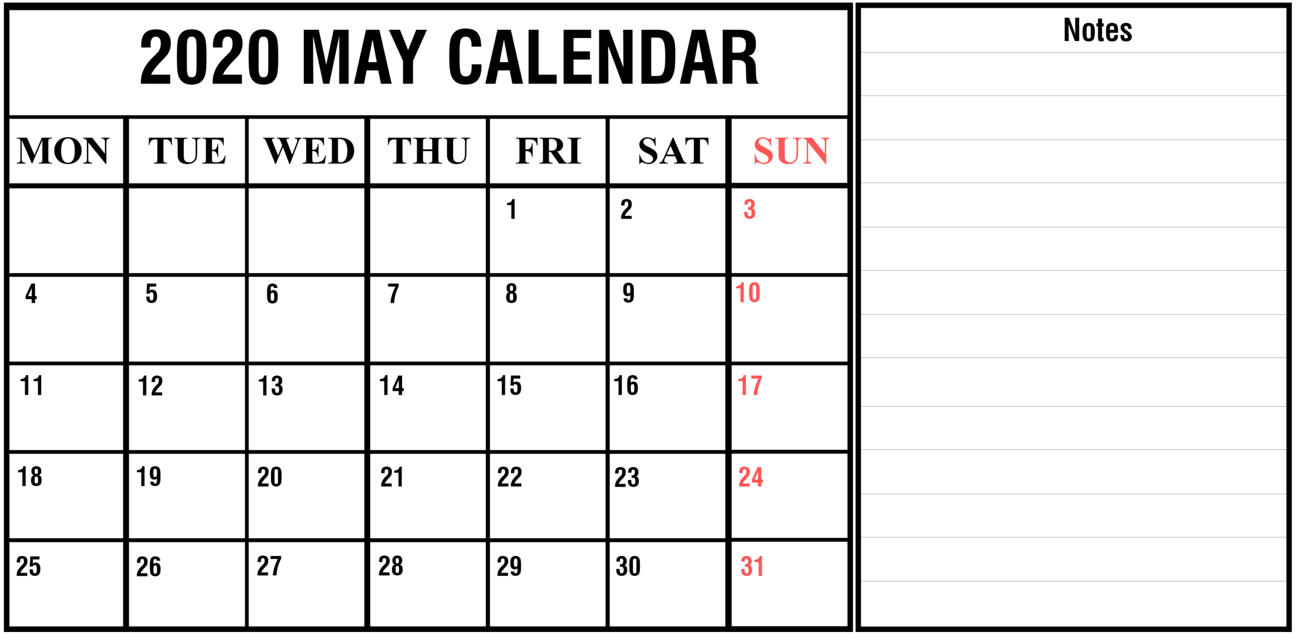 Download Free Printable May 2020 Calendar [Pdf, Excel