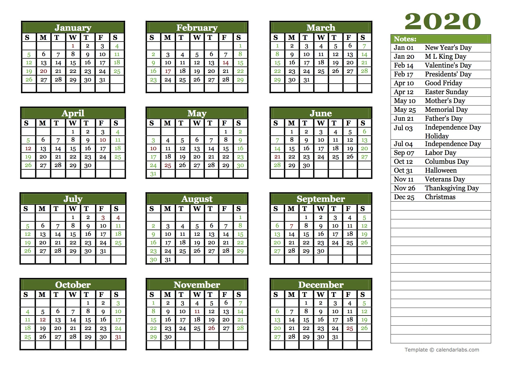 Editable 2020 Yearly Calendar Landscape - Free Printable