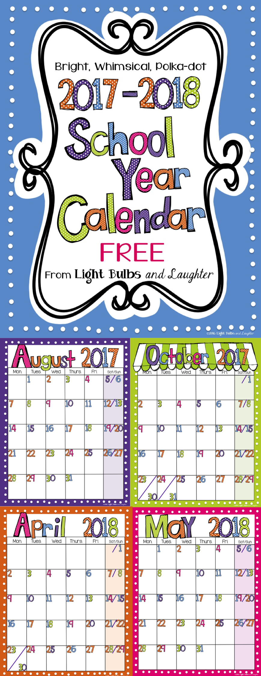 Editable Free Bright Polka Dot Monthly Calendars 2019-2020
