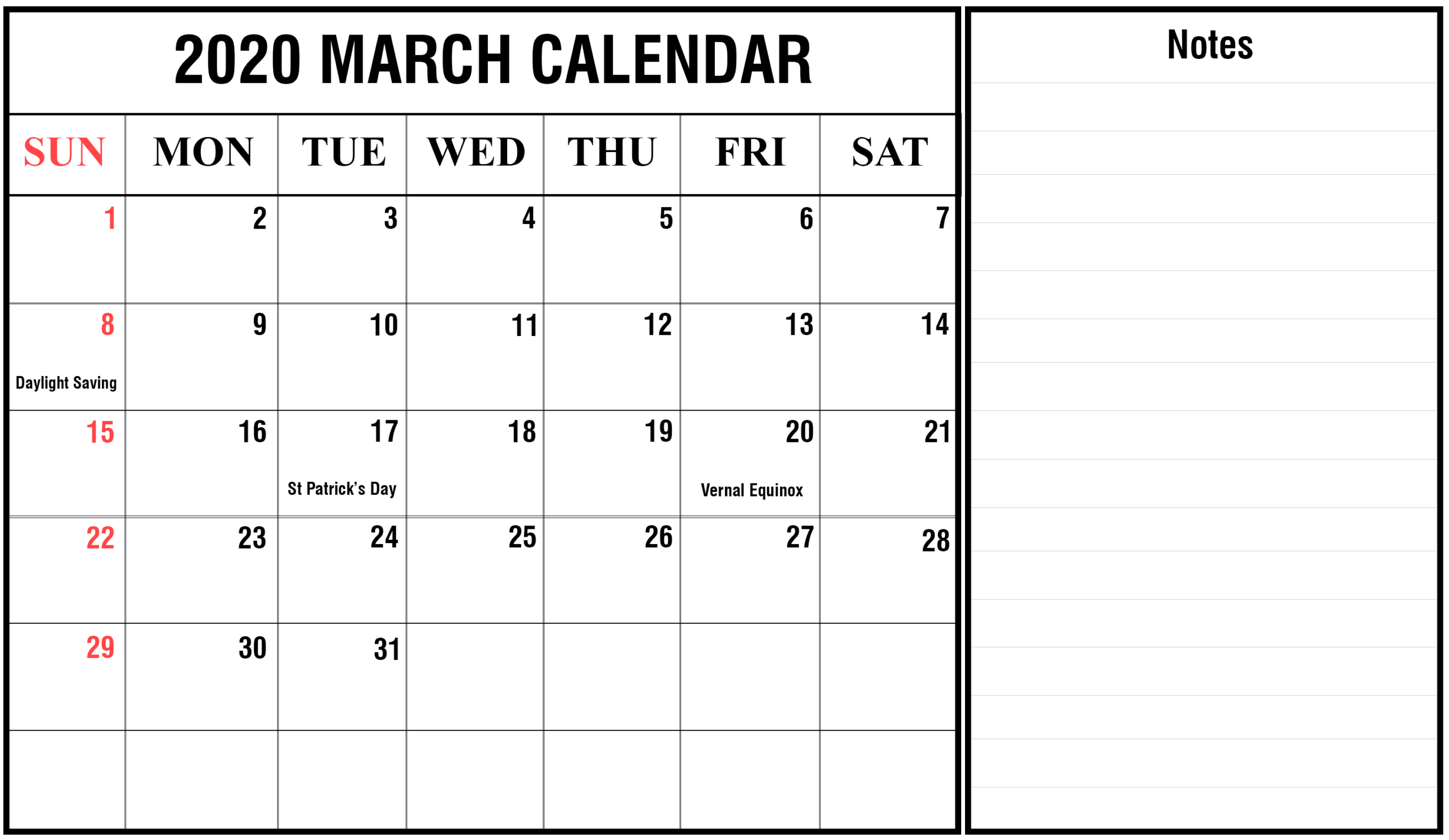 Editable March 2020 Calendar