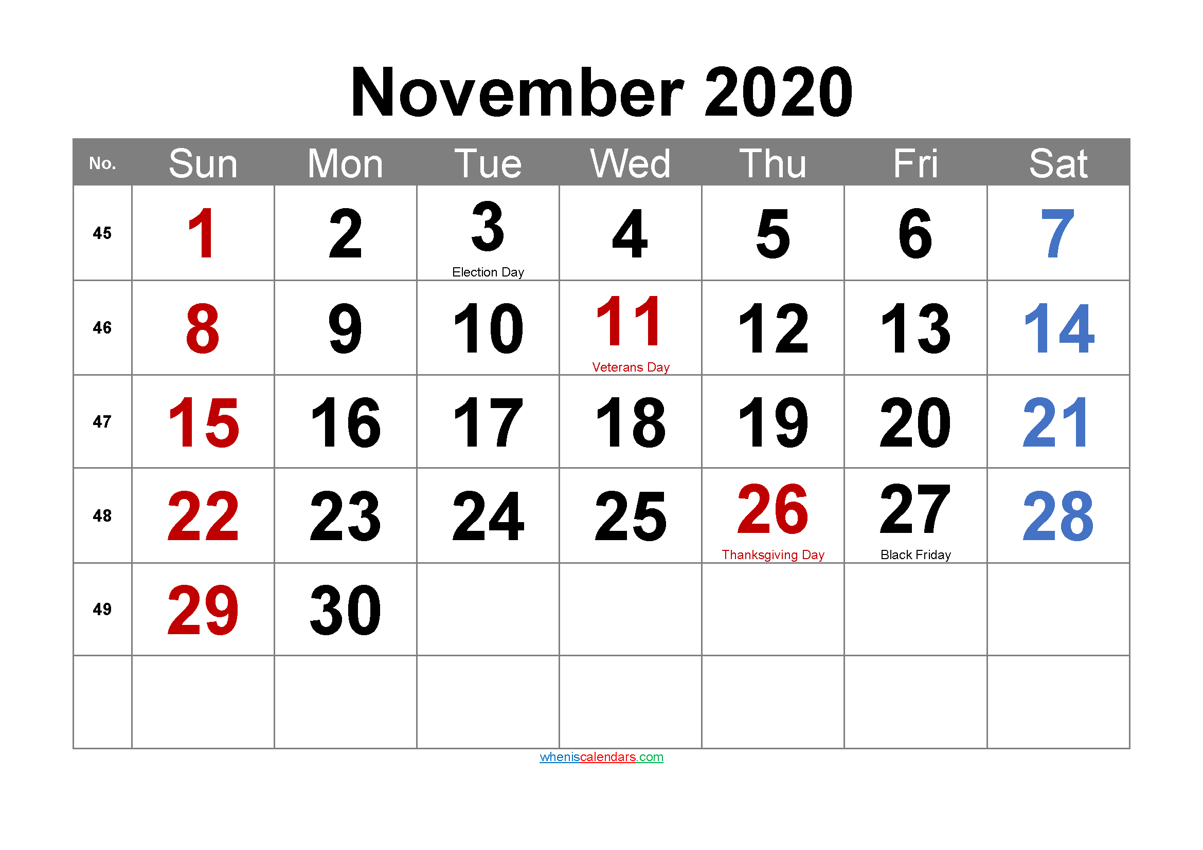 Editable November 2020 Calendar With Holidays-Template No