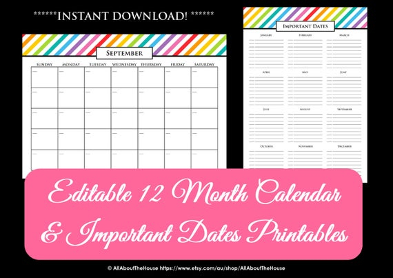 Editable Printable Calendar Perpetual Calendar Rainbow