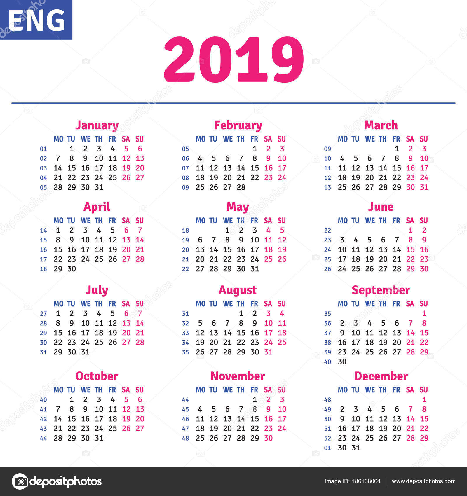 English Calendar 2019 — Stock Vector © Rustamank #186108004