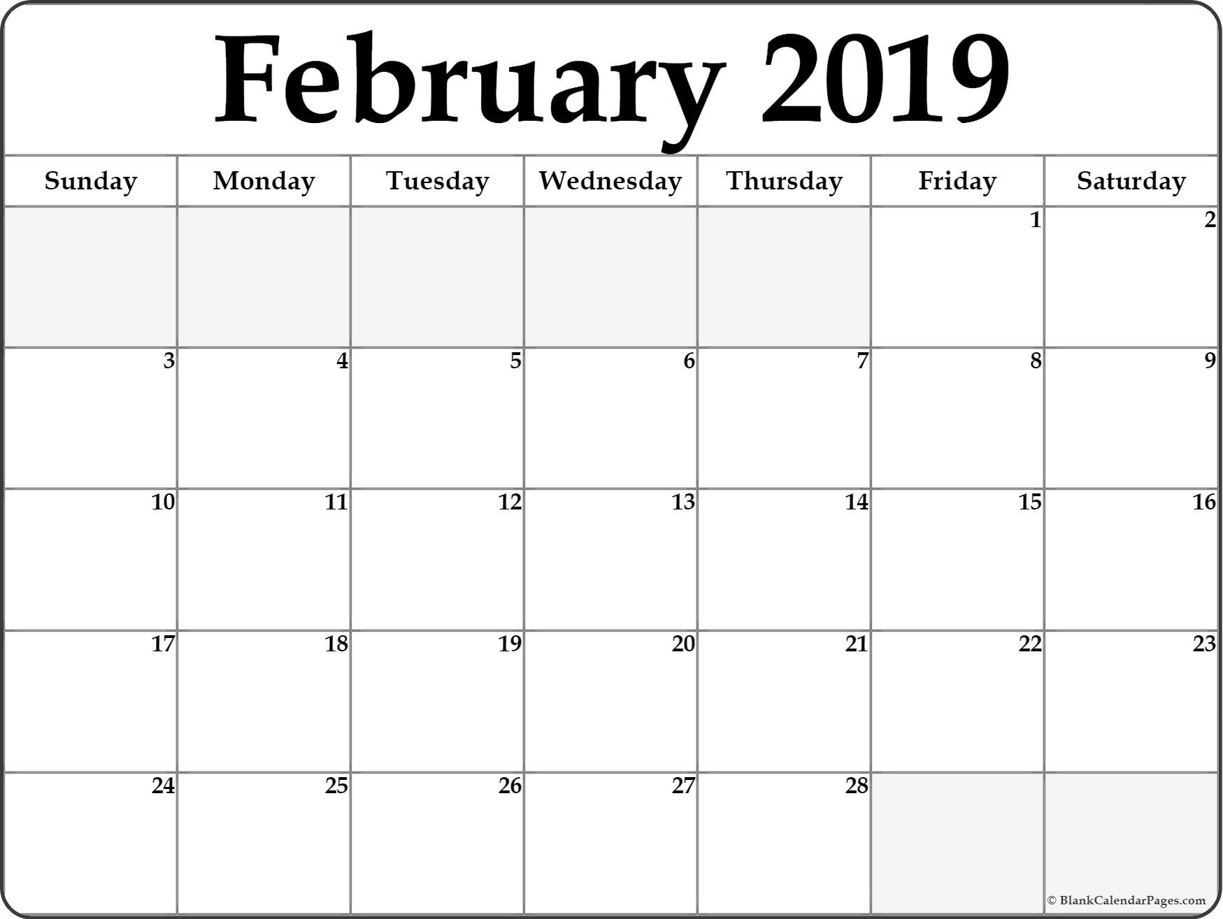 February 2019 Blank Calendar Templates.