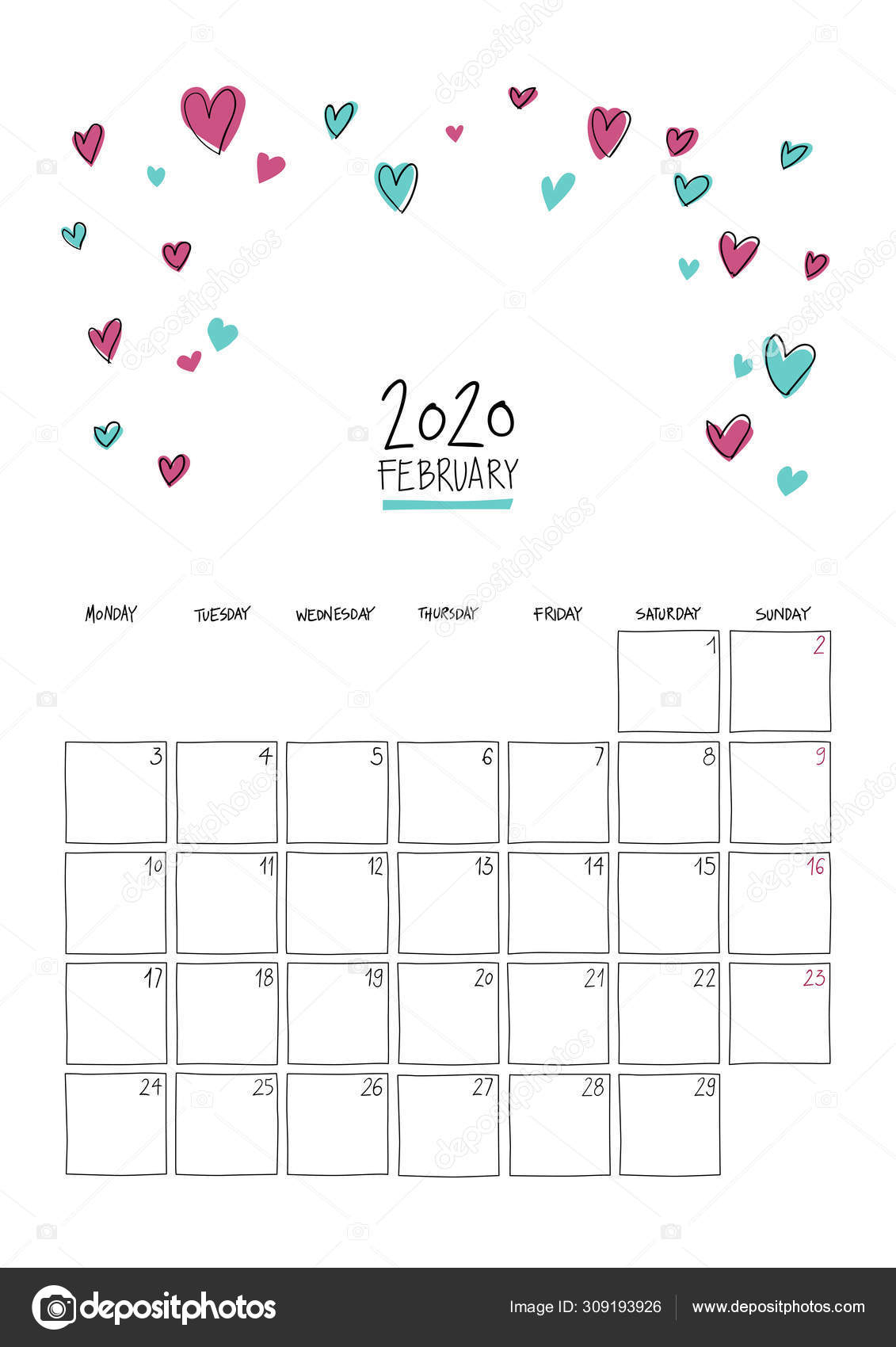 February 2020 Doodle Wall Calendar. — Stock Vector