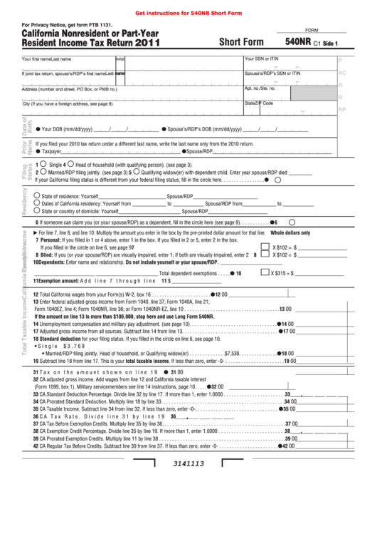 Fillable Form 540Nr - California Nonresident Or Part-Year