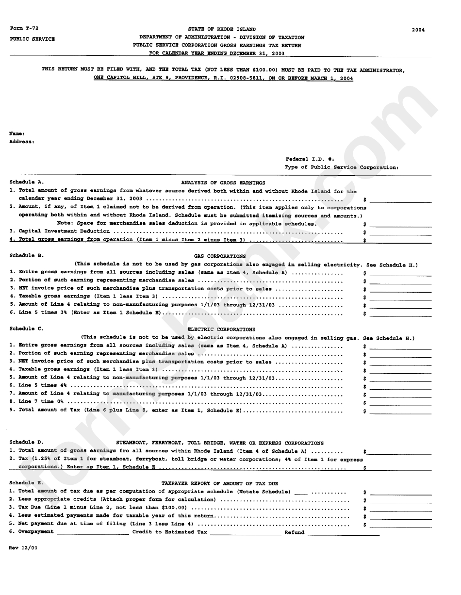 Form T-72 - Public Service Corporation Gross Earnings Tax