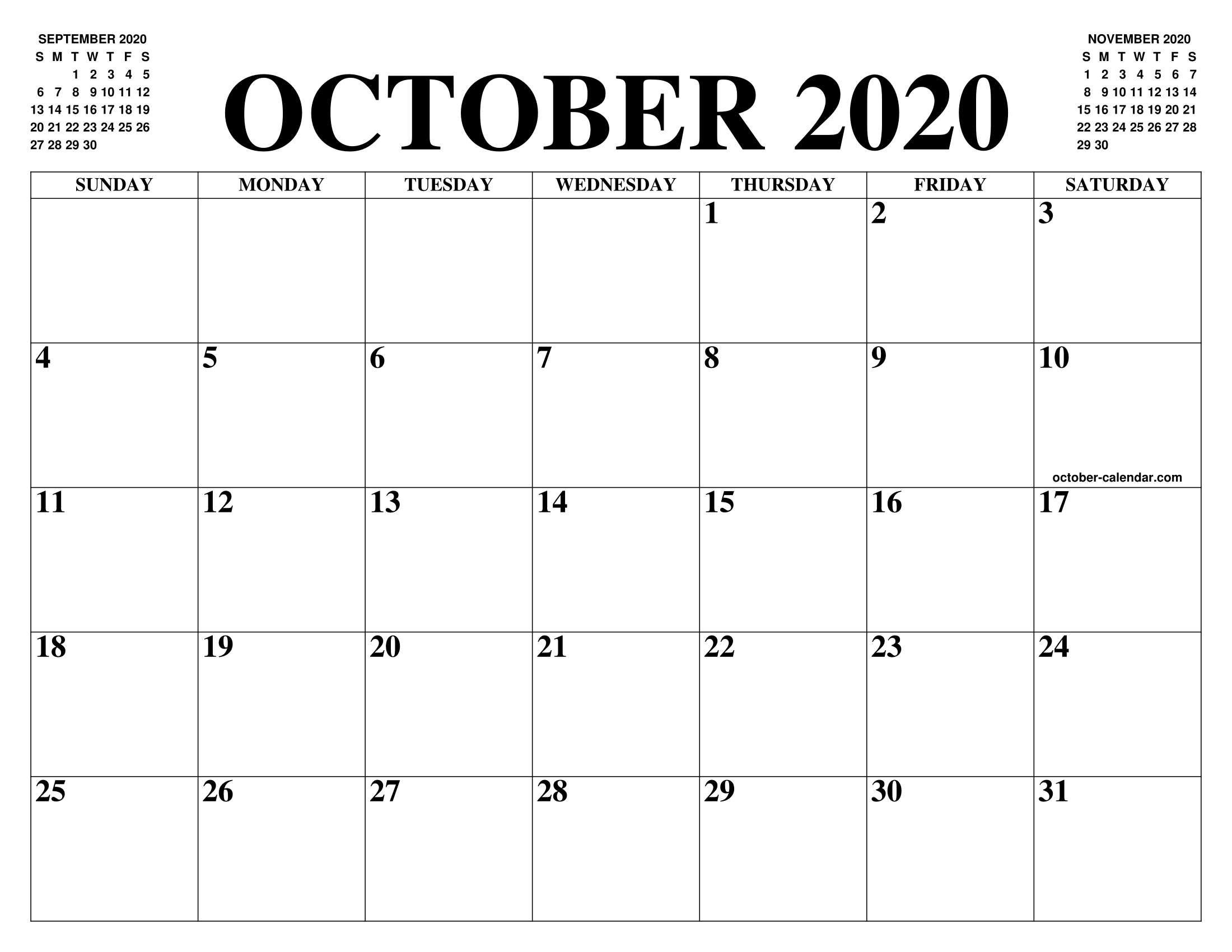 Free Blank Calendar For October 2020 Printable Fillable