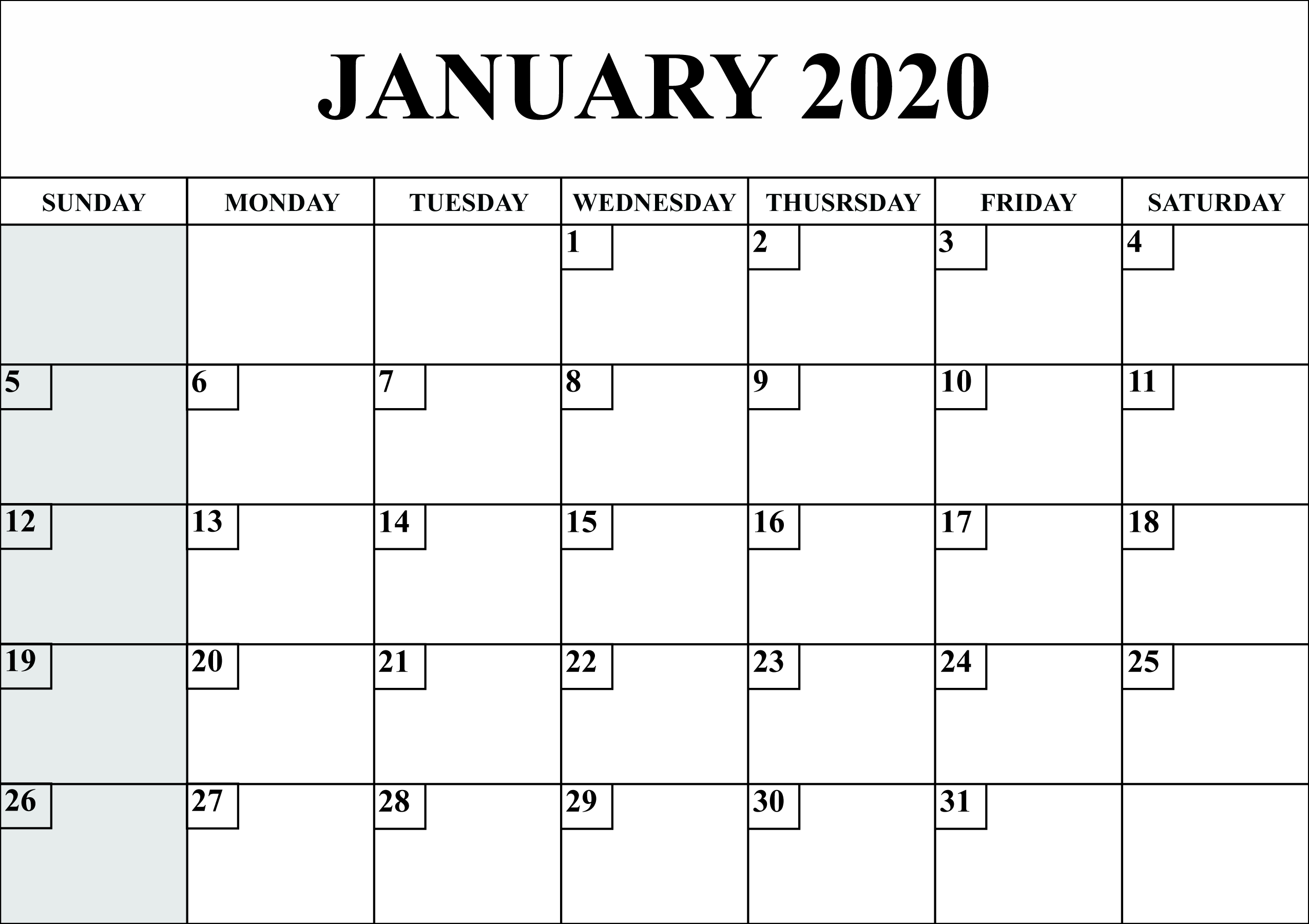 Free Blank January 2020 Calendar Printable In Pdf, Word, Excel