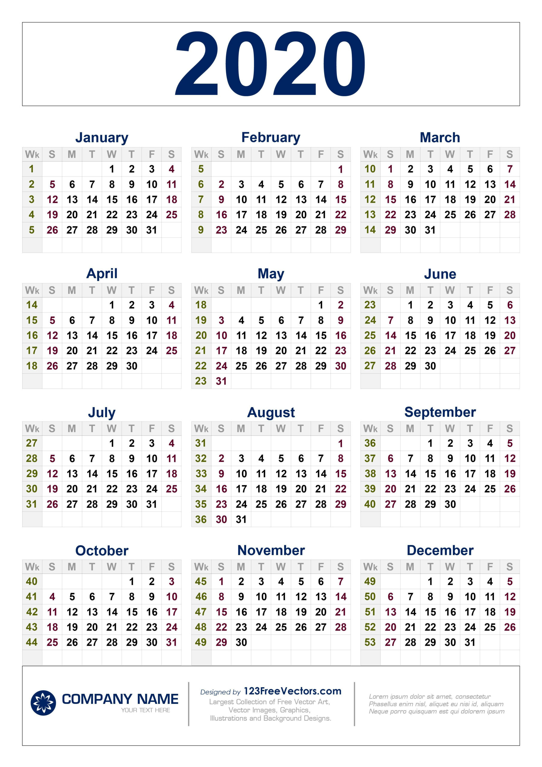 Free Download 2020 Calendar With Week Numbers, #Calendar #