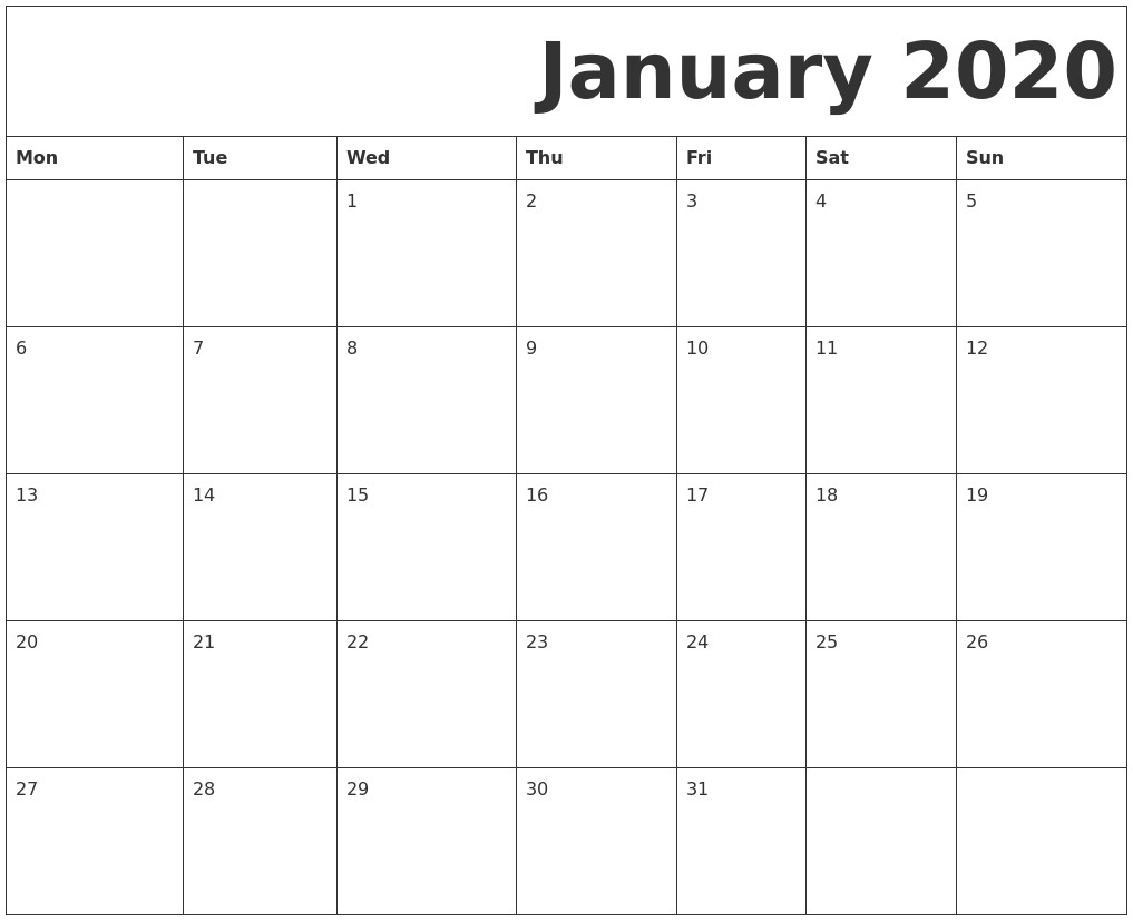 Free Download Printable Calendar 2019 Large Box Grid Space