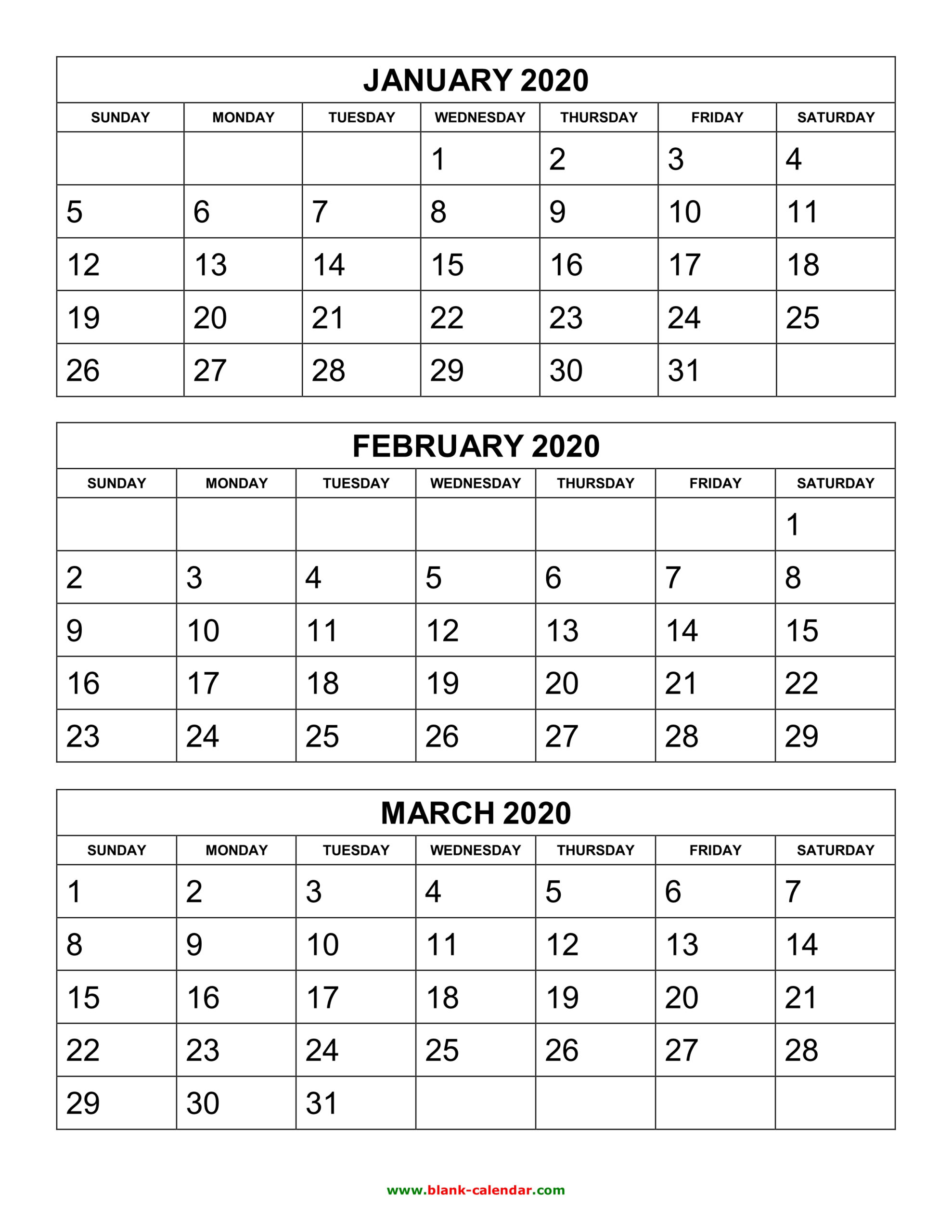 Free Download Printable Calendar 2020, 3 Months Per Page