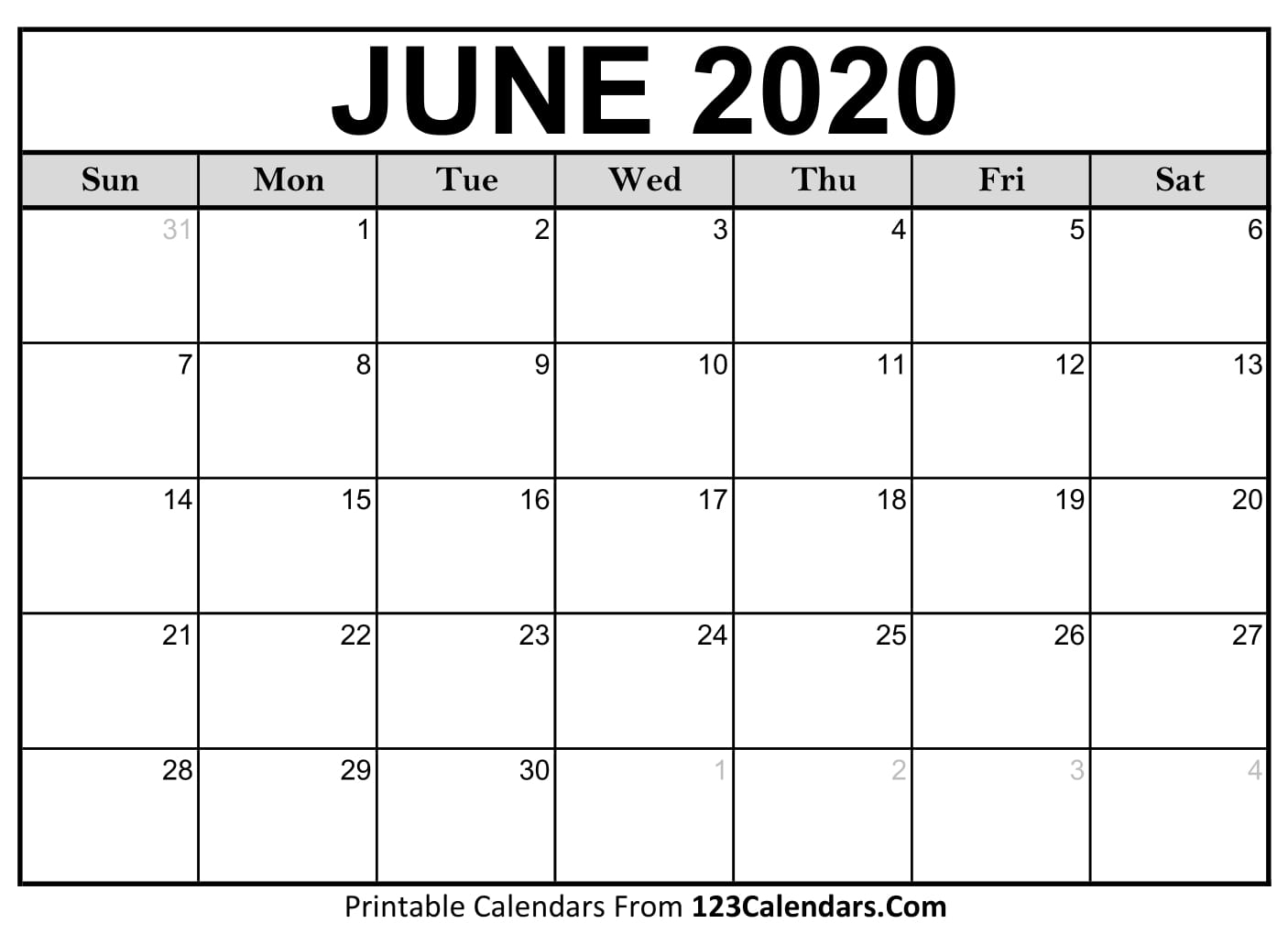 Free June 2020 Calendar | 123Calendars