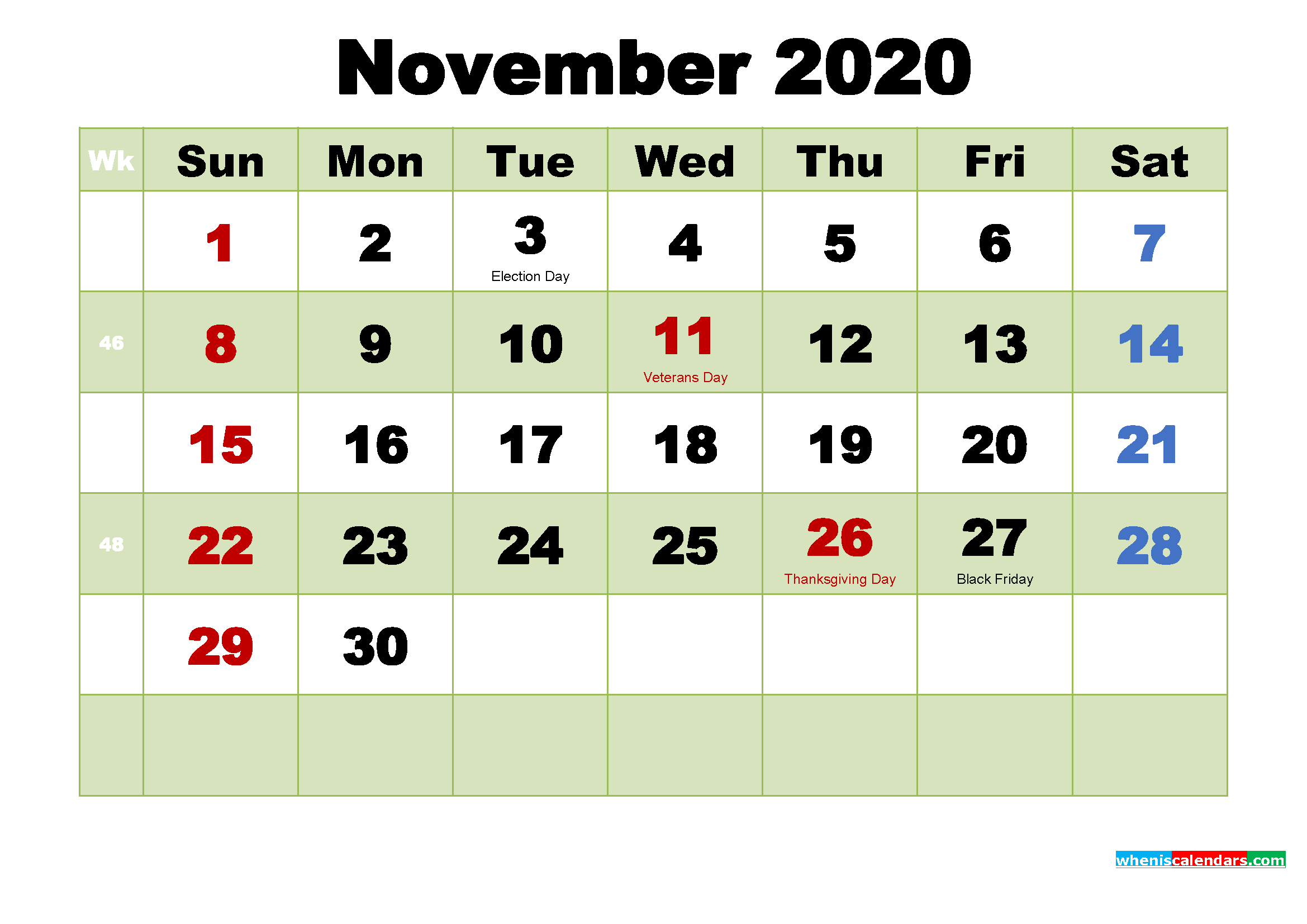 Free Printable Calendar Of November 2020