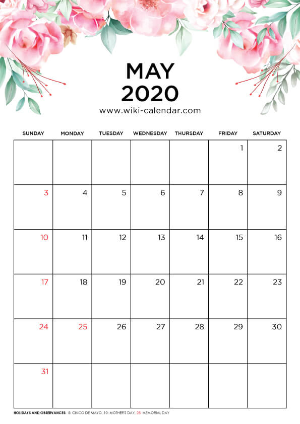 Free Printable 2020 Floral Calendar