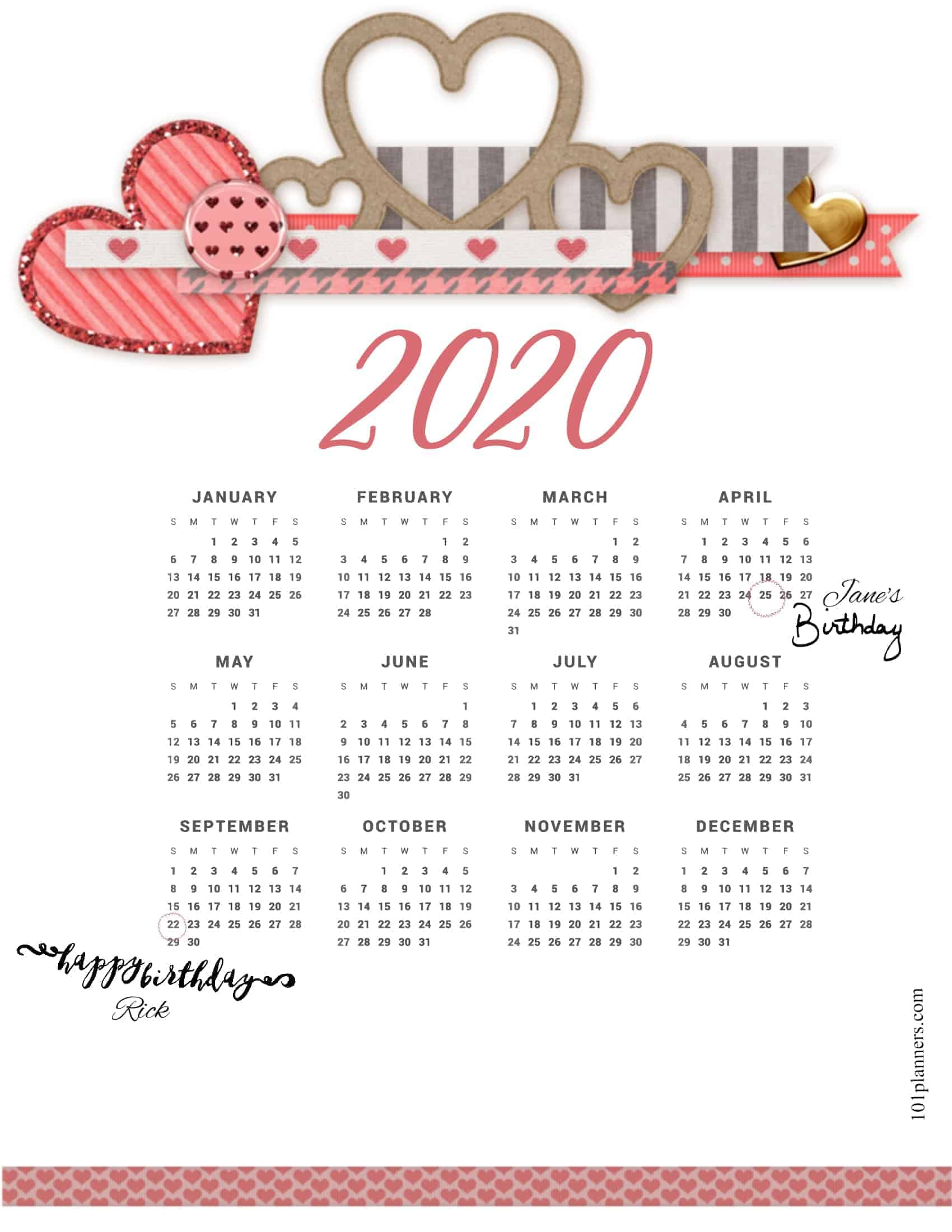 Free Printable 2020 Yearly Calendar At A Glance | 101