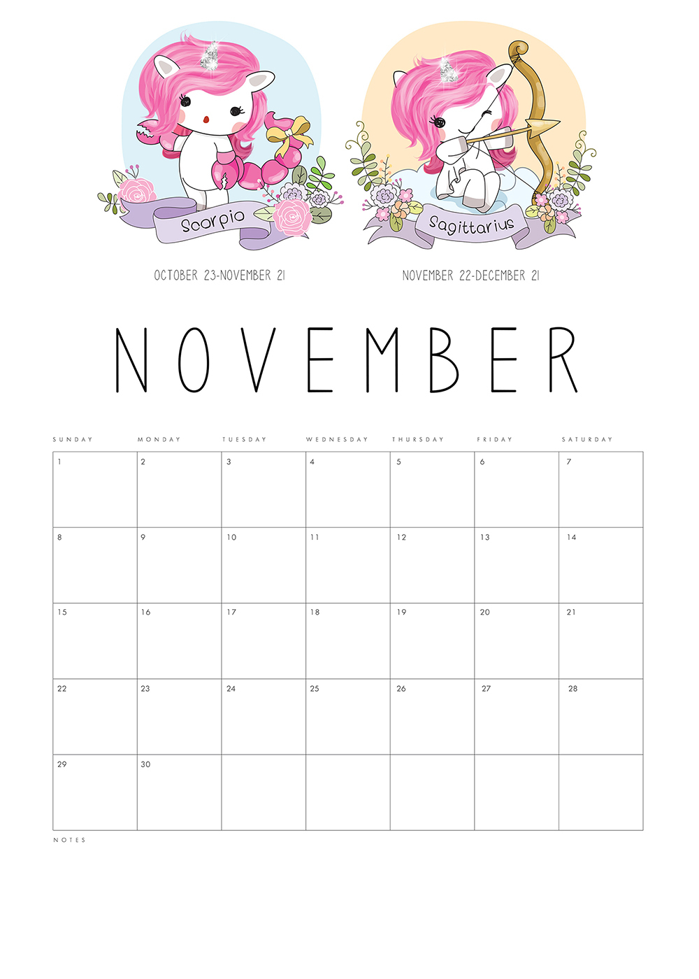 Free Printable 2020 Zodiac Sign Kawaii Unicorn Calendar