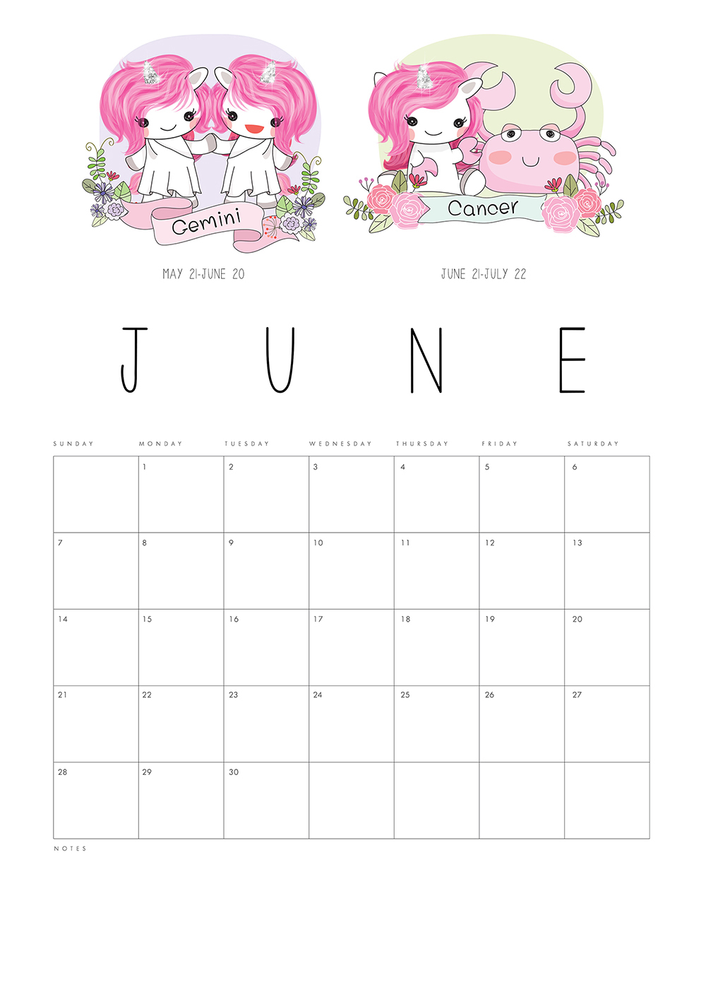 Free Printable 2020 Zodiac Sign Kawaii Unicorn Calendar