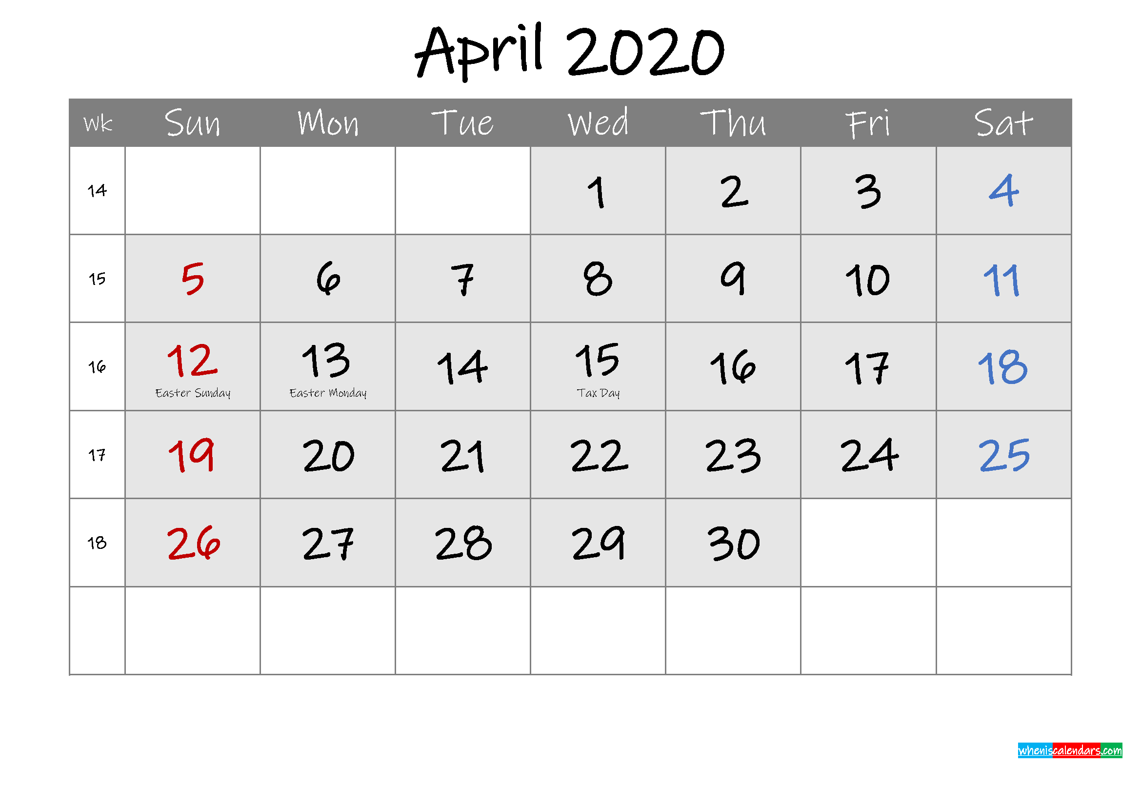 Free Printable April 2020 Calendar With Holidays