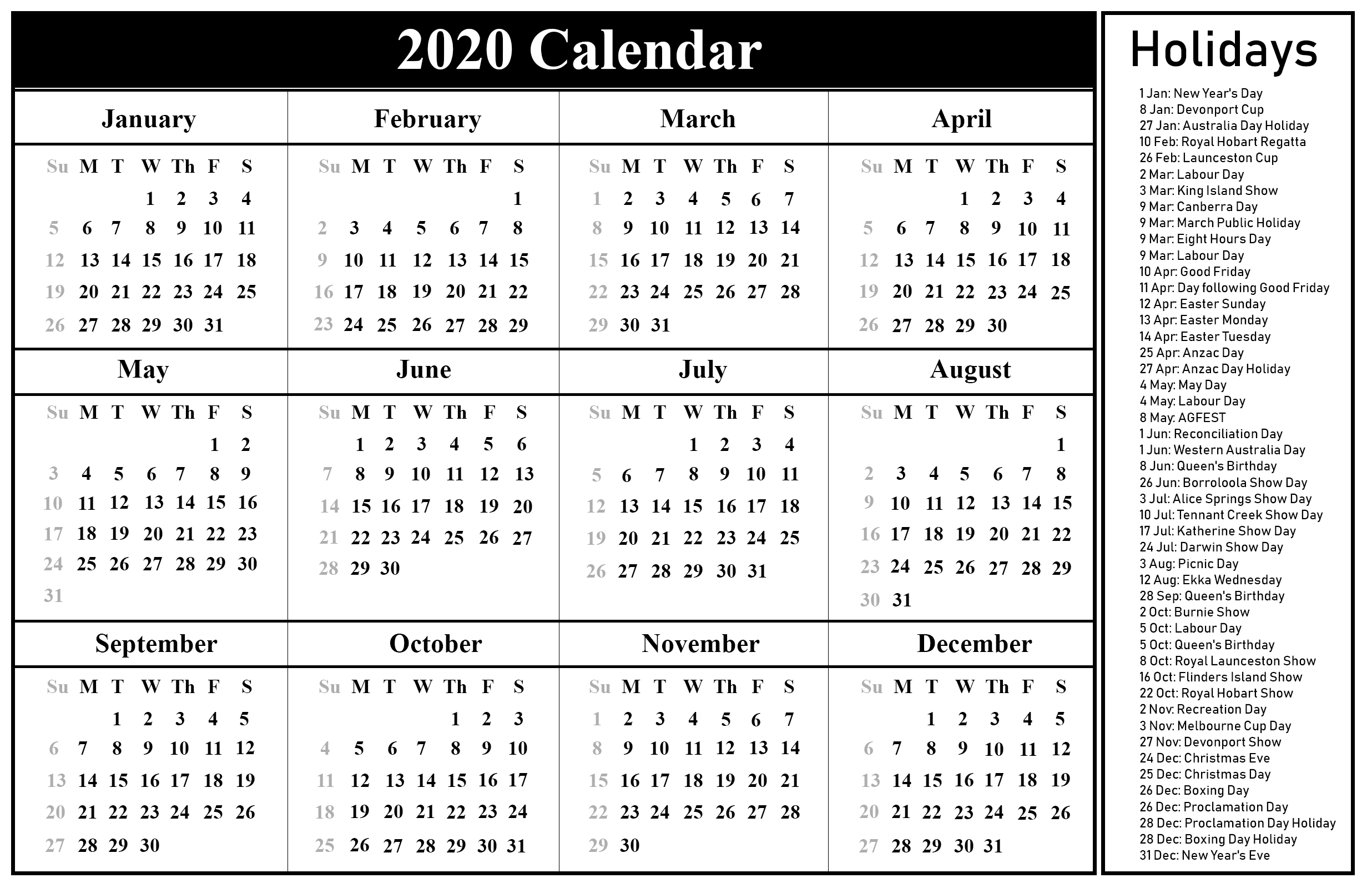 Free Printable Blank Australia Calendar 2020 {Pdf, Excel