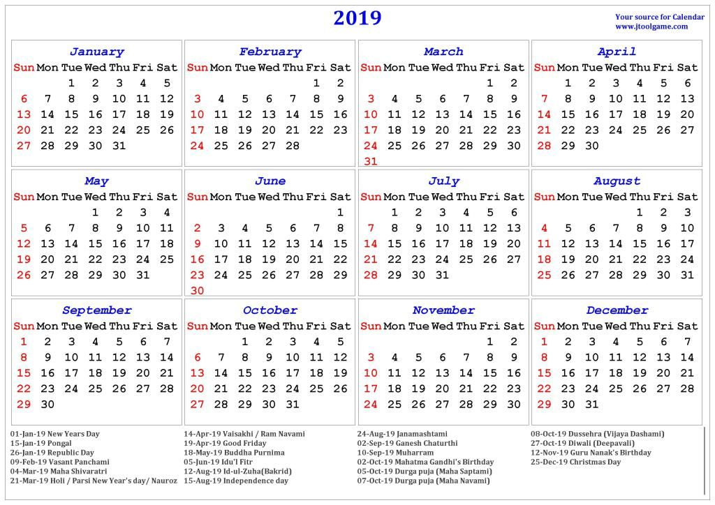 Free Printable Calendar 2019 With Indian Holidays