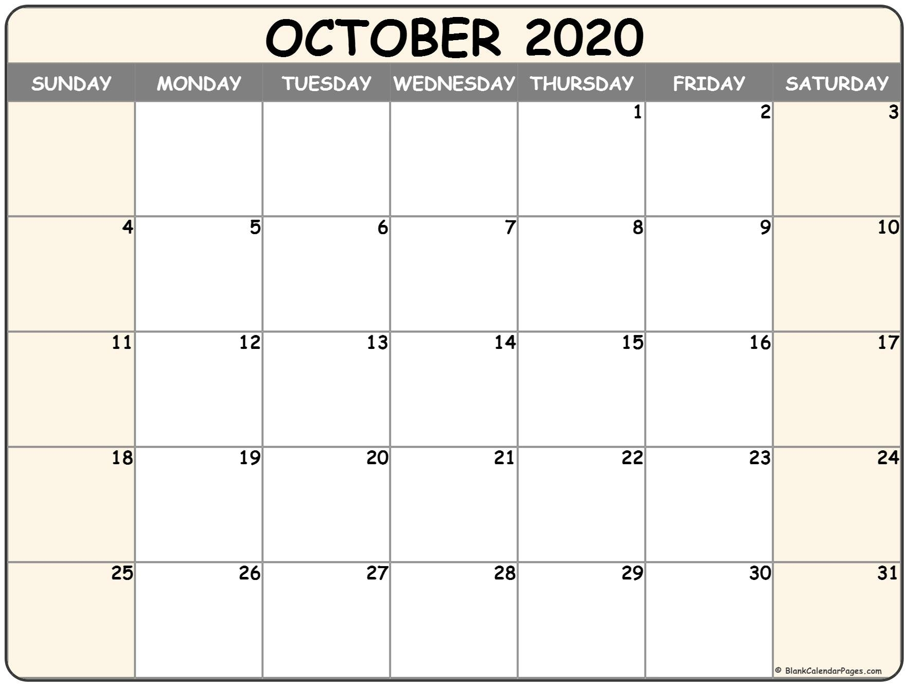 Free Printable Calendar October 2020 Landscape | Month