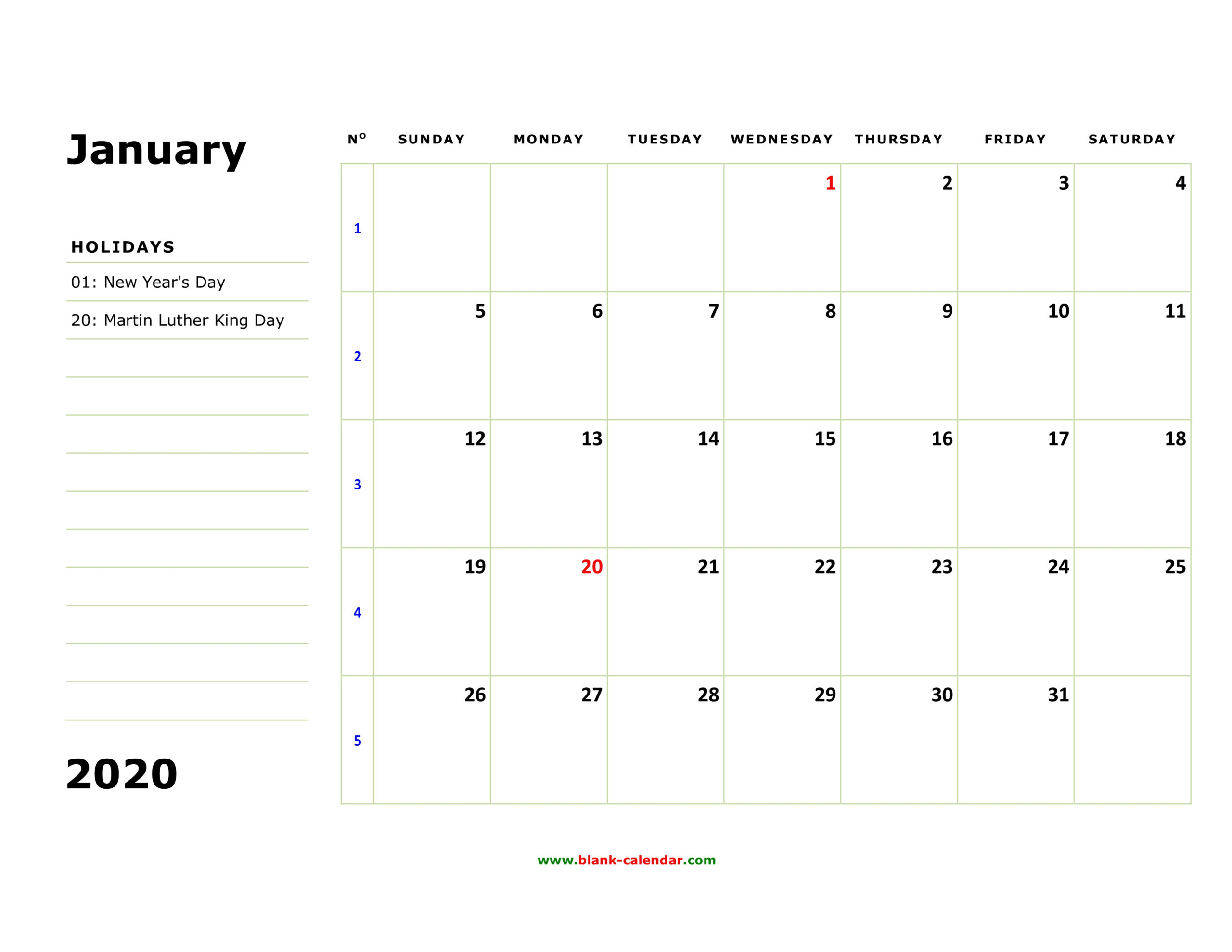 Free Printable Calendar With Large Boxes 2020 | Calendar