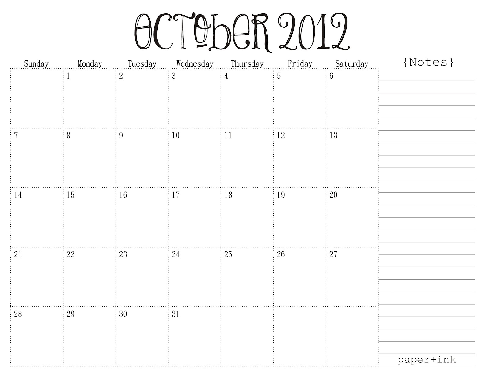 Free Printable Calendars - October 2012