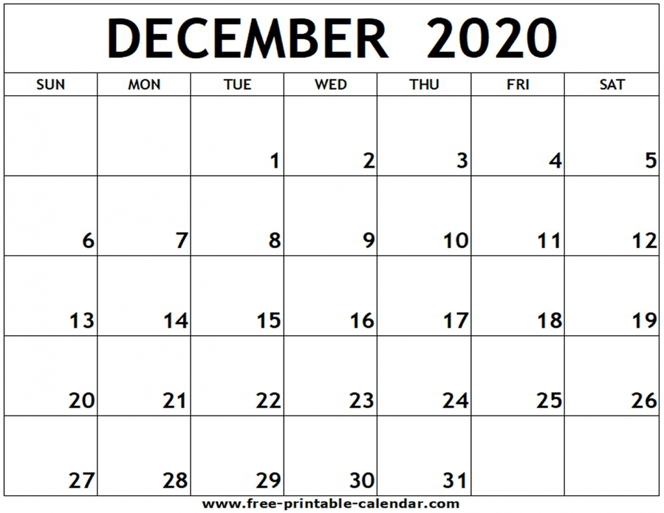 Free Printable December 2020 Calendar