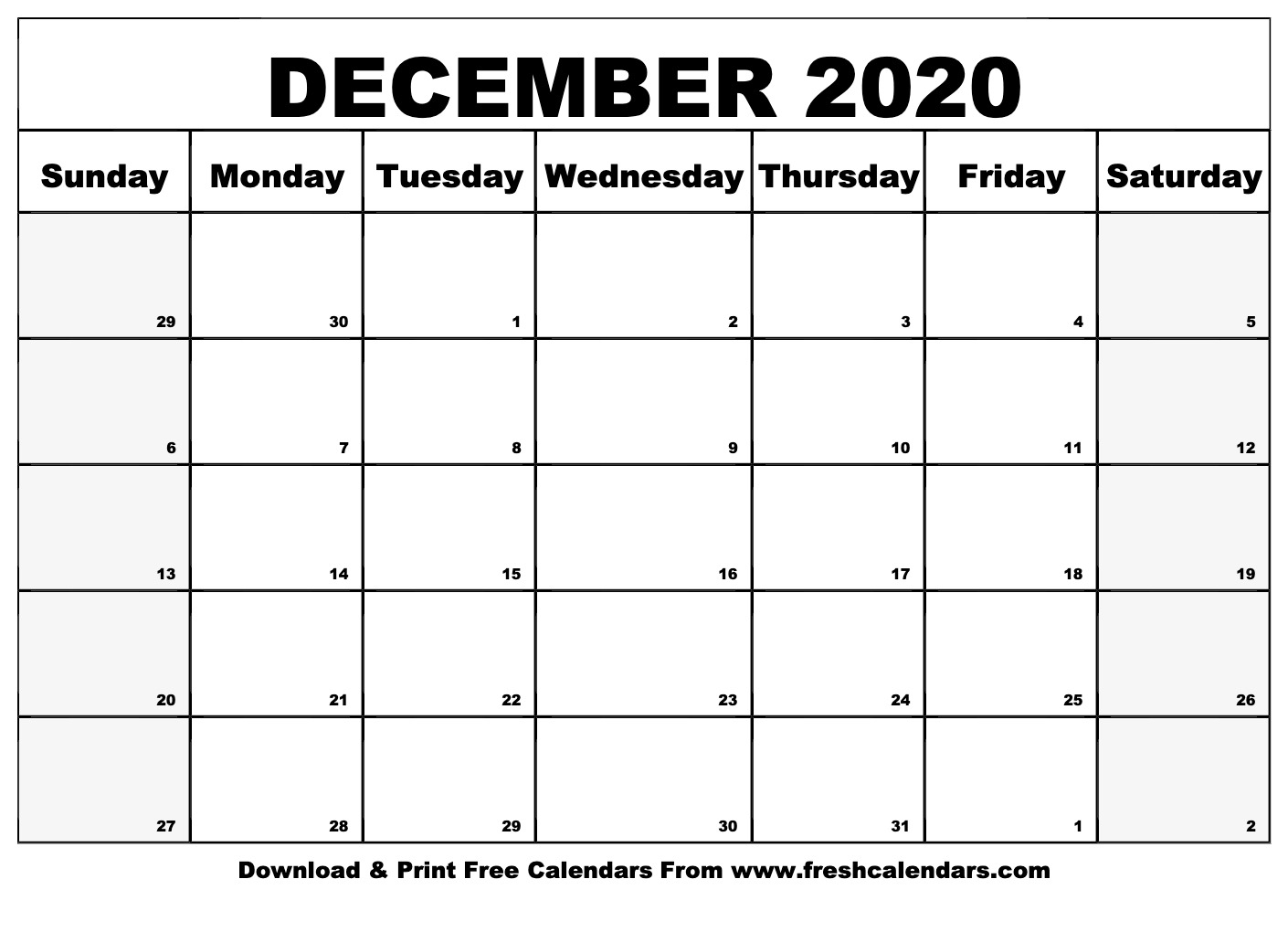 Free Printable December 2020 Calendar