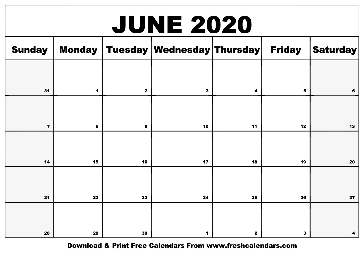 Free Printable June 2020 Calendars