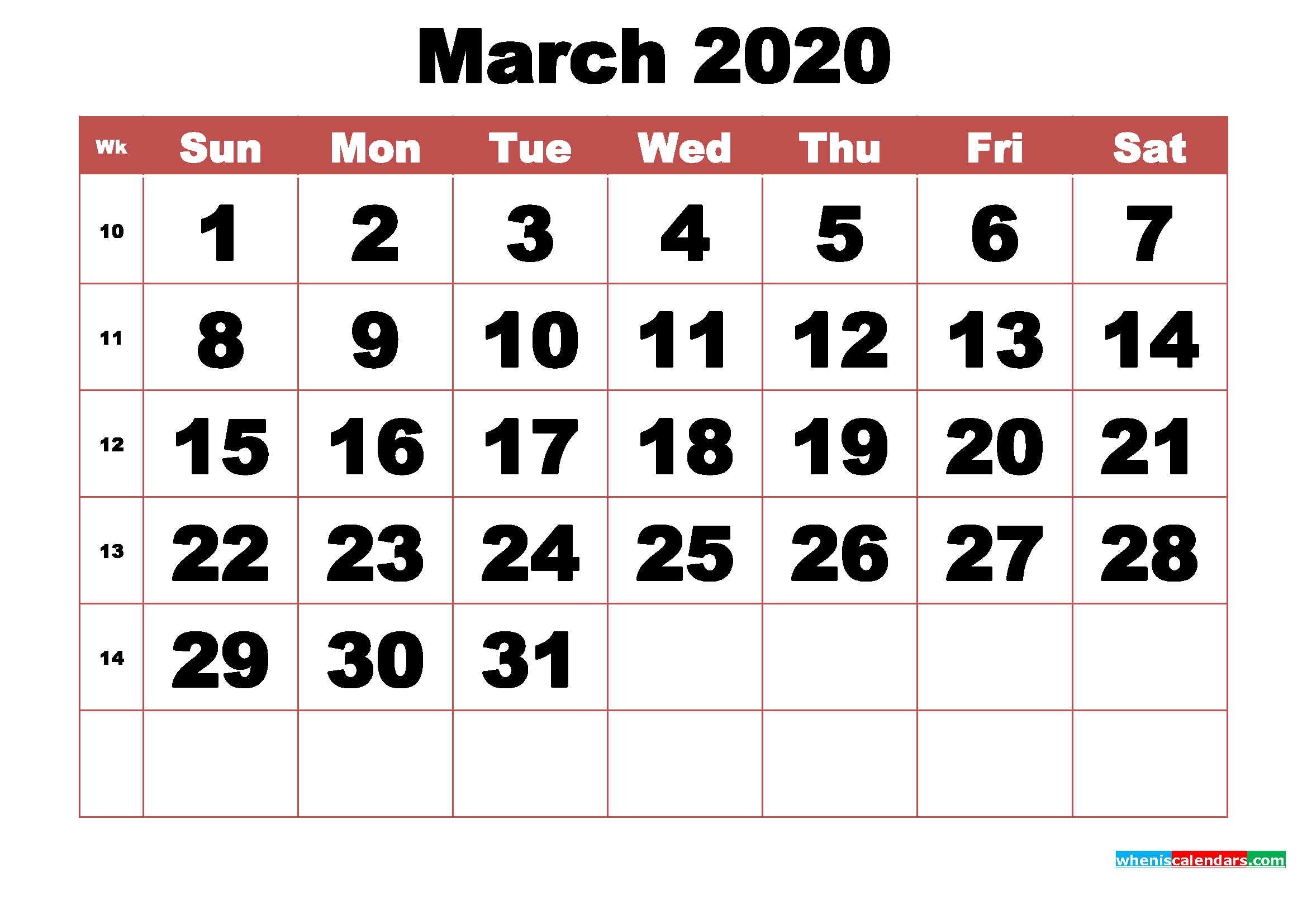 Free Printable March 2020 Calendar With Week Numbers