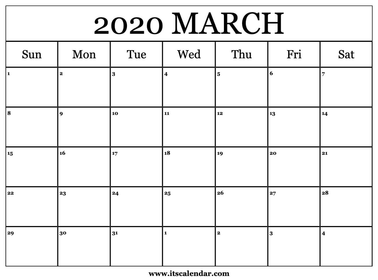 Free Printable March 2020 Calendar