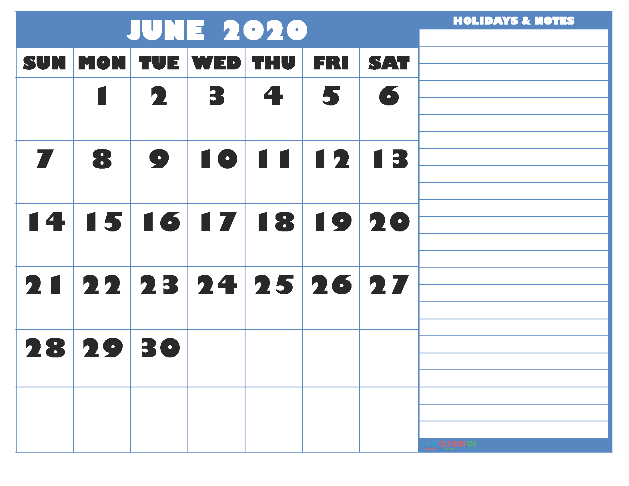 Free Printable Monthly 2020 Calendar With Holidays June