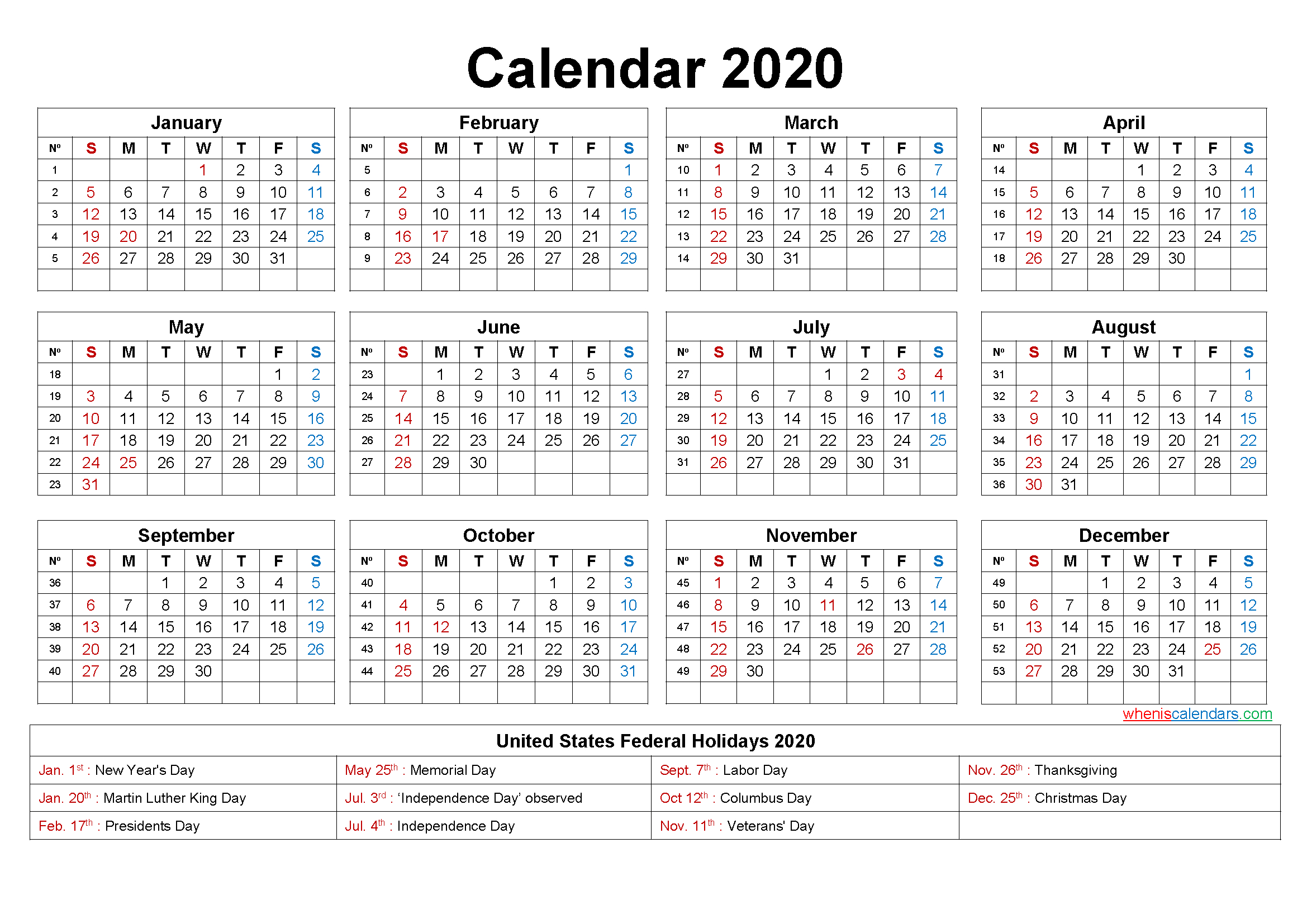 Free Yearly 2020 Calendar With Holidays Word, Pdf – Free