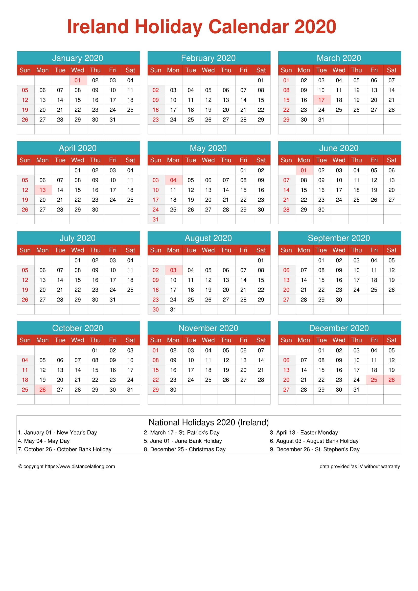 Ireland Holiday Calendar Horizintal Grid Sunday To