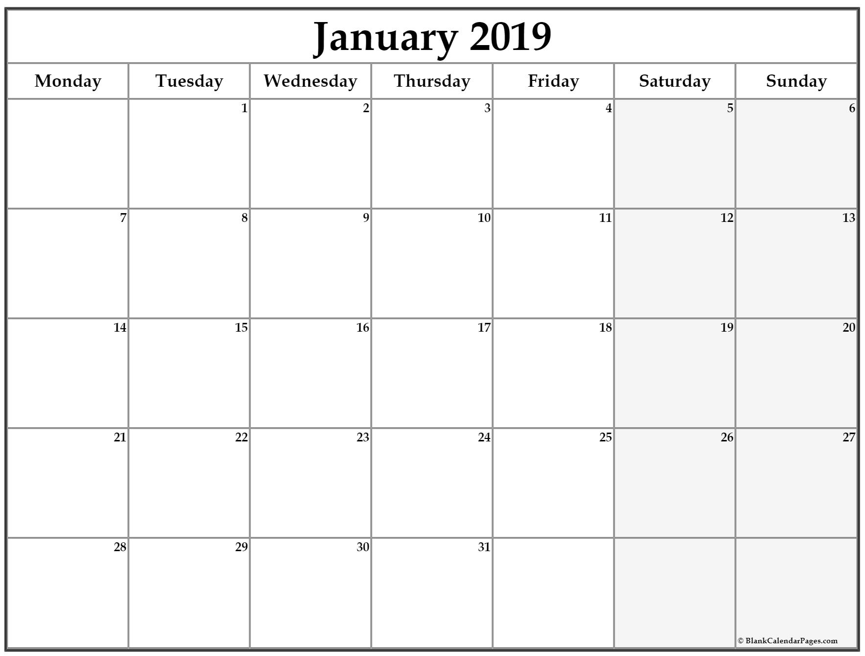 January 2019 Monday Calendar | Monday To Sunday