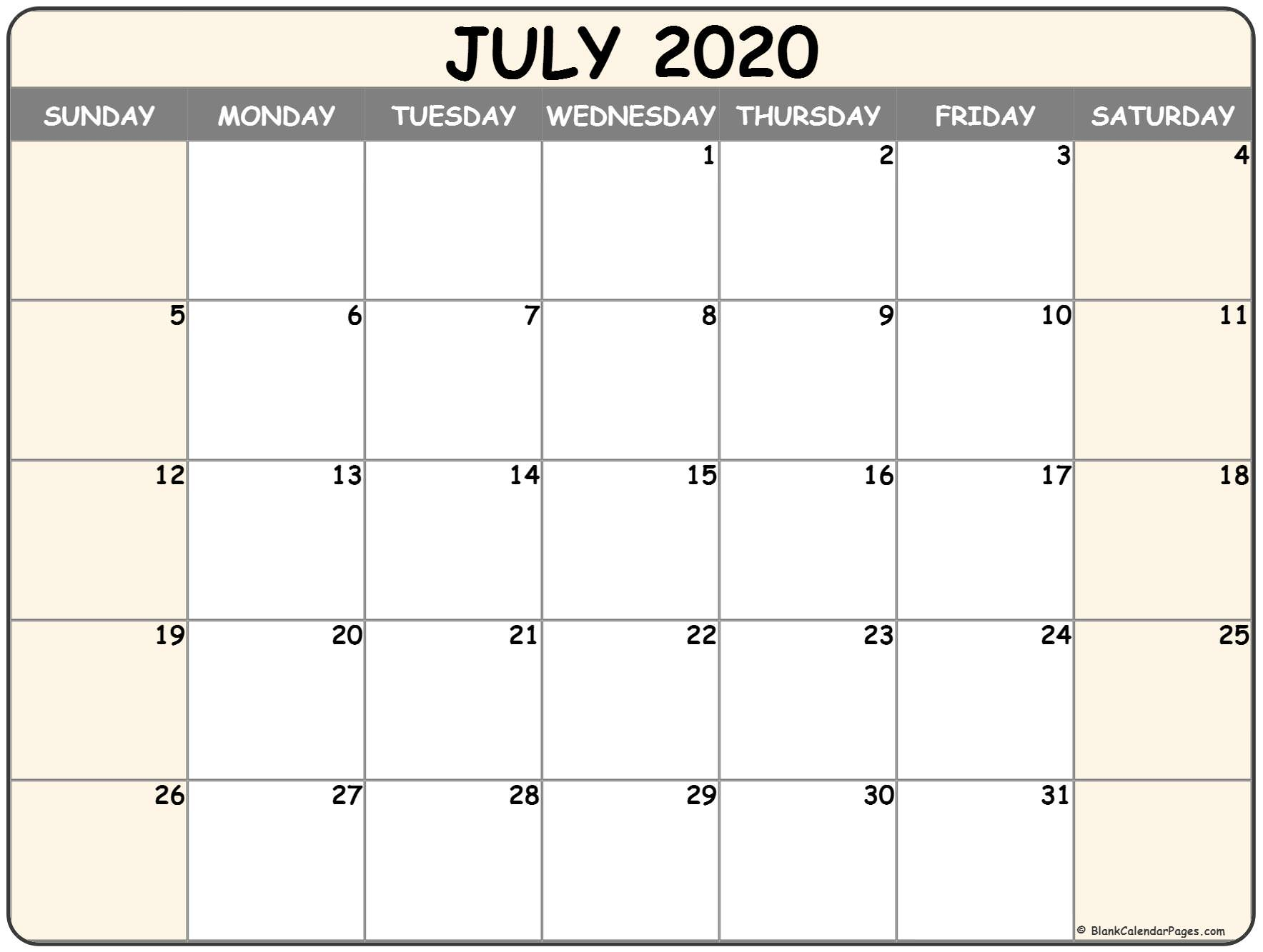 July 2020 Calendar | Free Printable Monthly Calendars