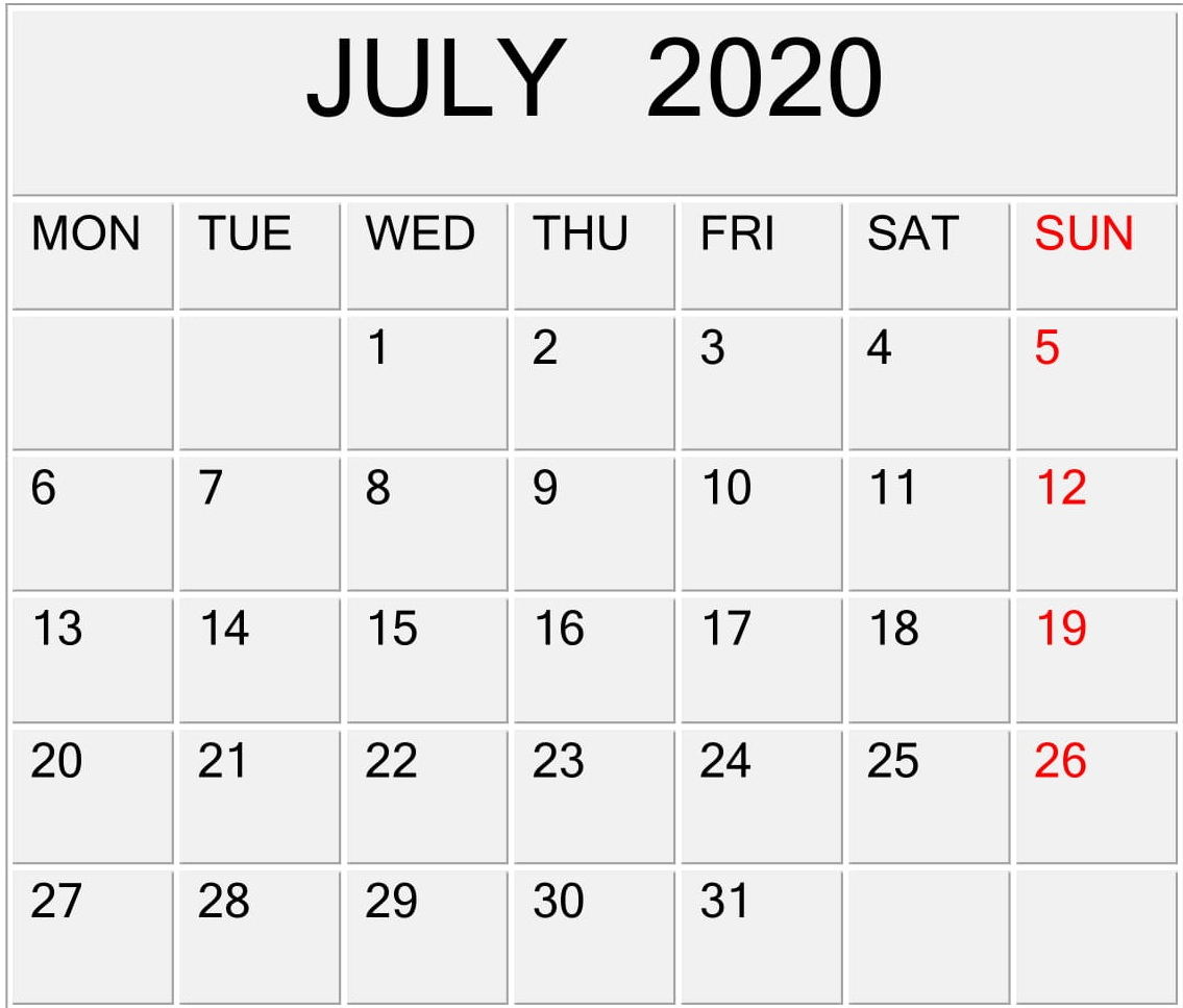 July 2020 Calendar Template For Word, Pdf, And Excel Free