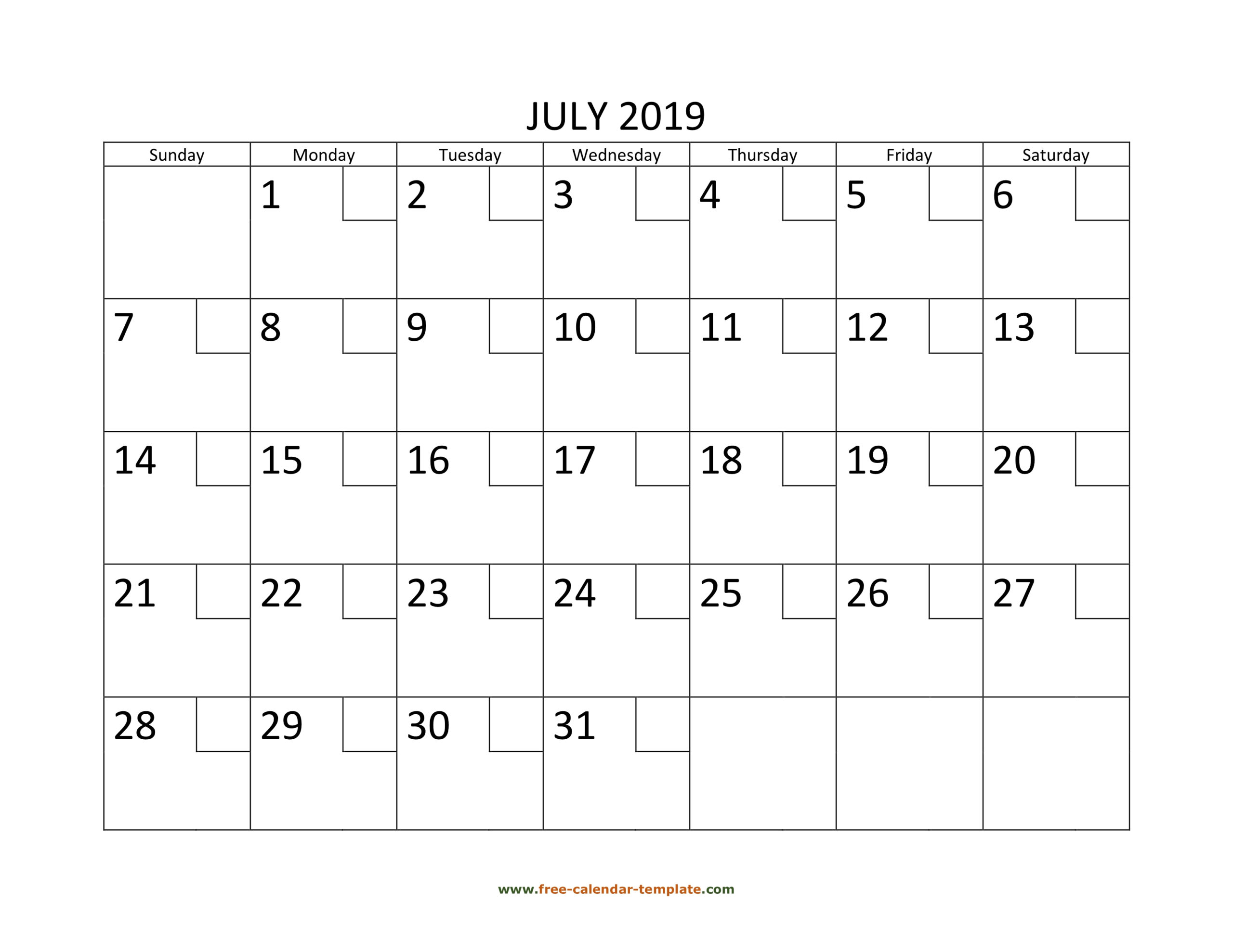 July Calendar 2019 Printable With Checkboxes (Horizontal