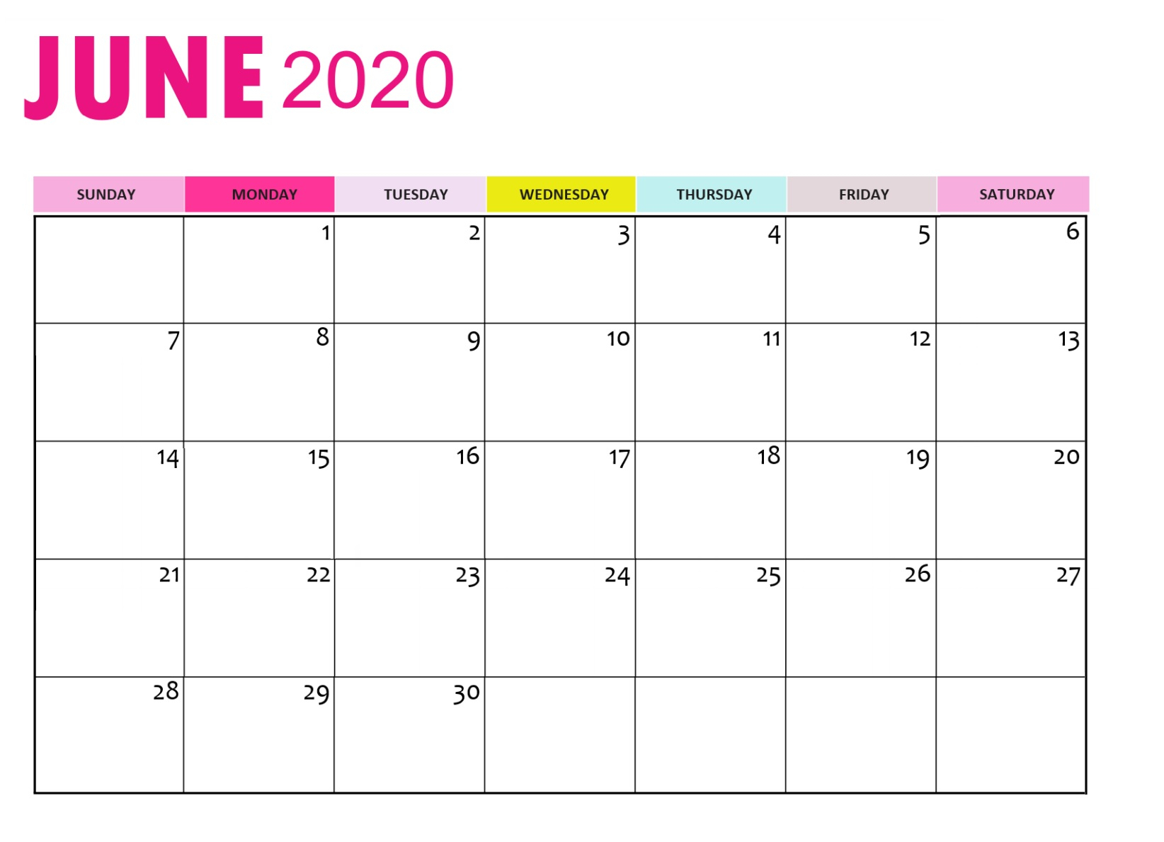 June 2020 Calendar | Calendar 2019