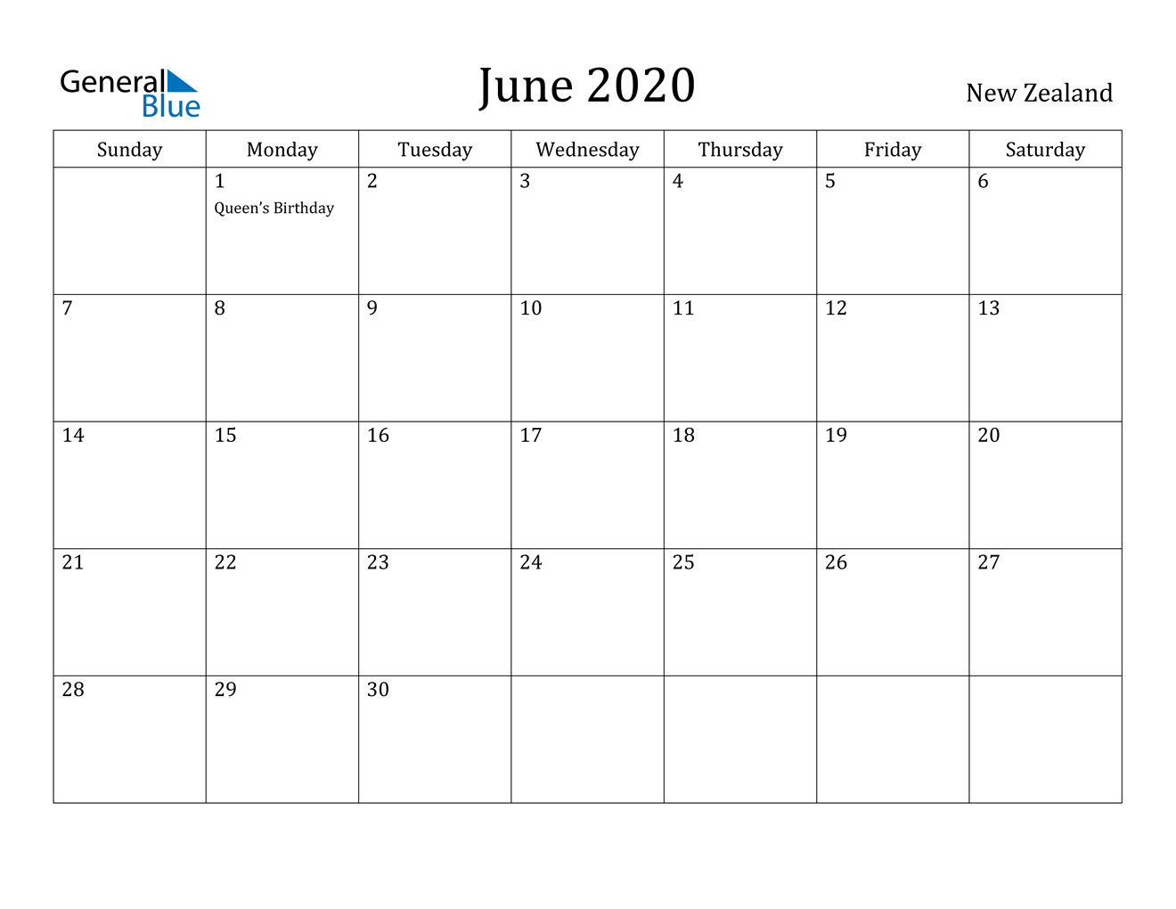 June 2020 Calendar - New Zealand