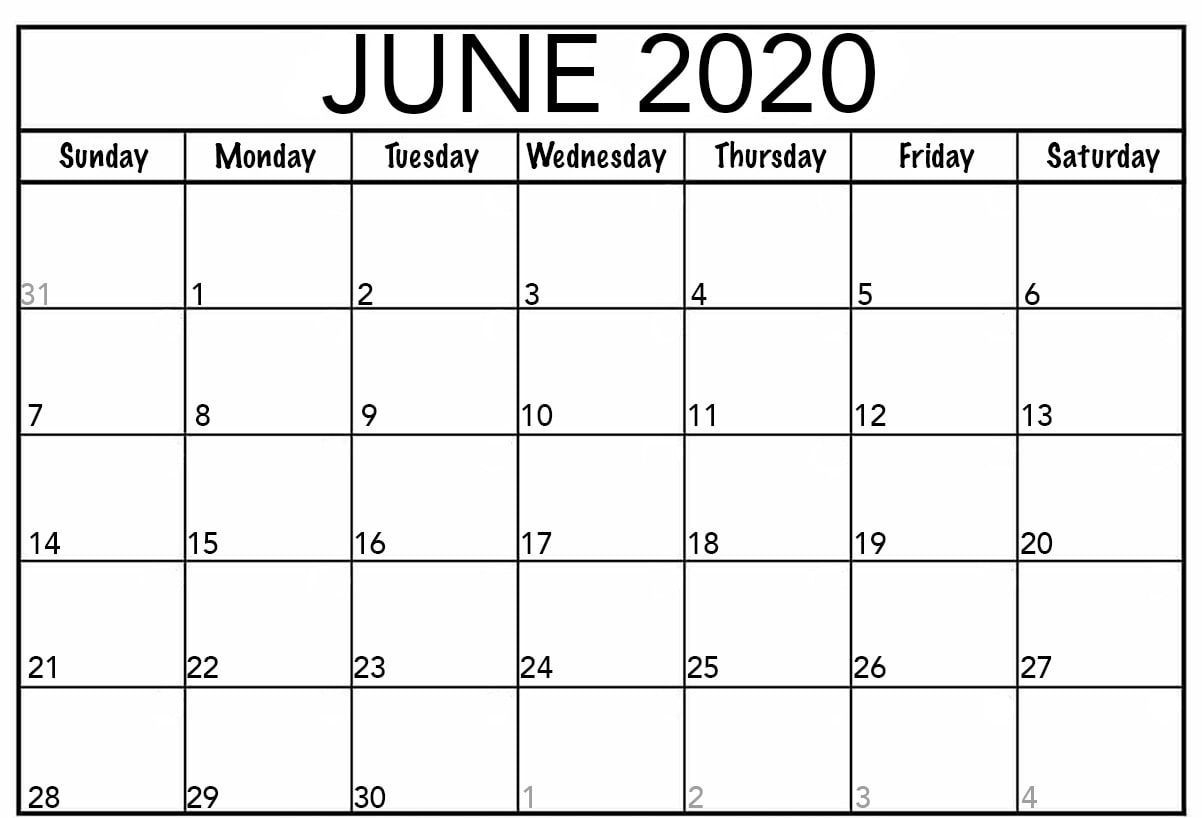 June Calendar 2020 Blank Editable Printable Template In